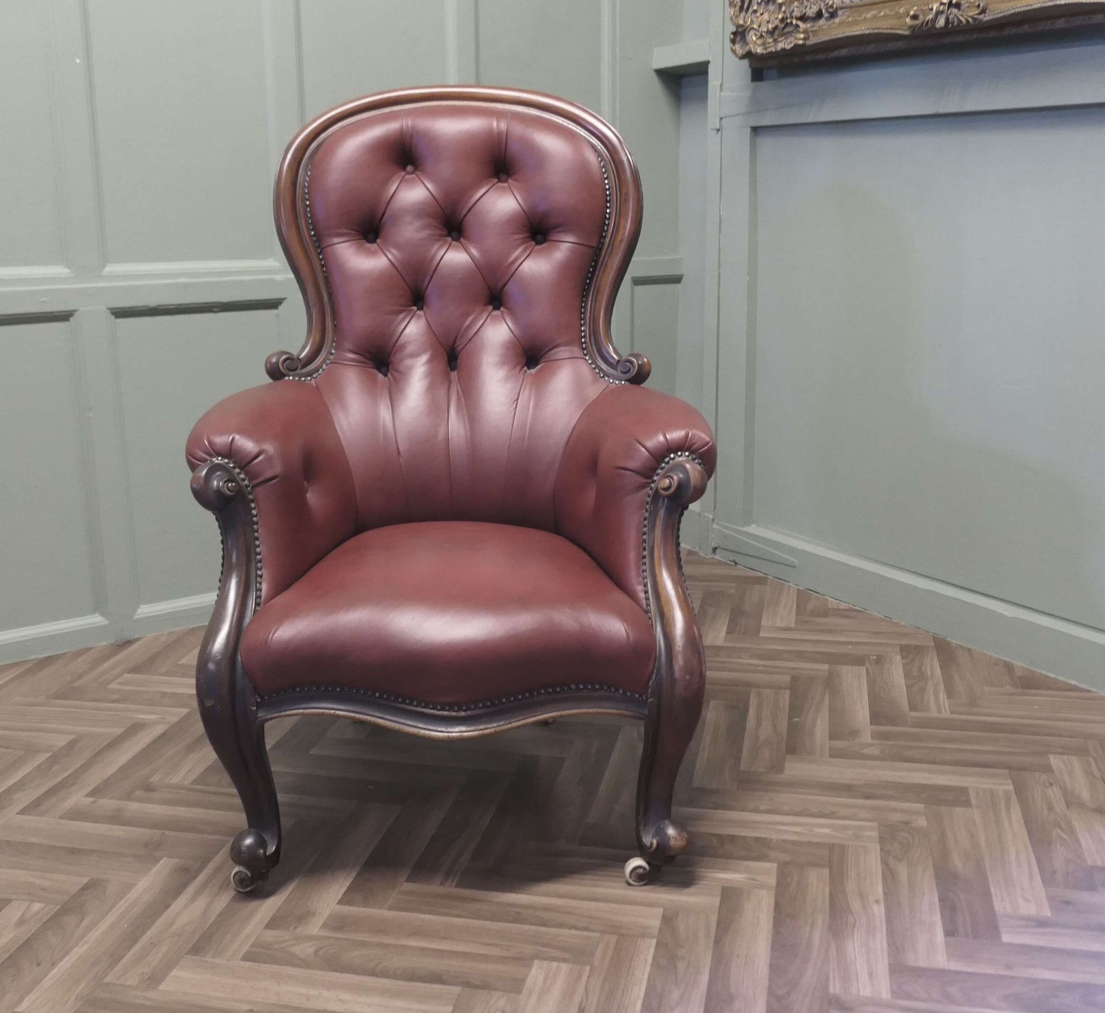 Large Button Back Salon Chair, In Burgundy Leather photo furniture