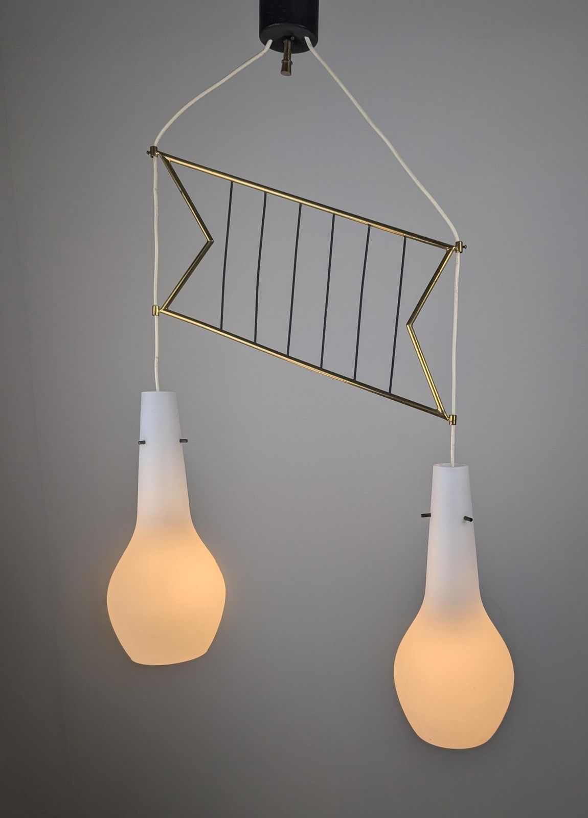 Italian Stilnovo Style Pendant Lamp With Opaline And Brass Shades, 1950s photo for sale