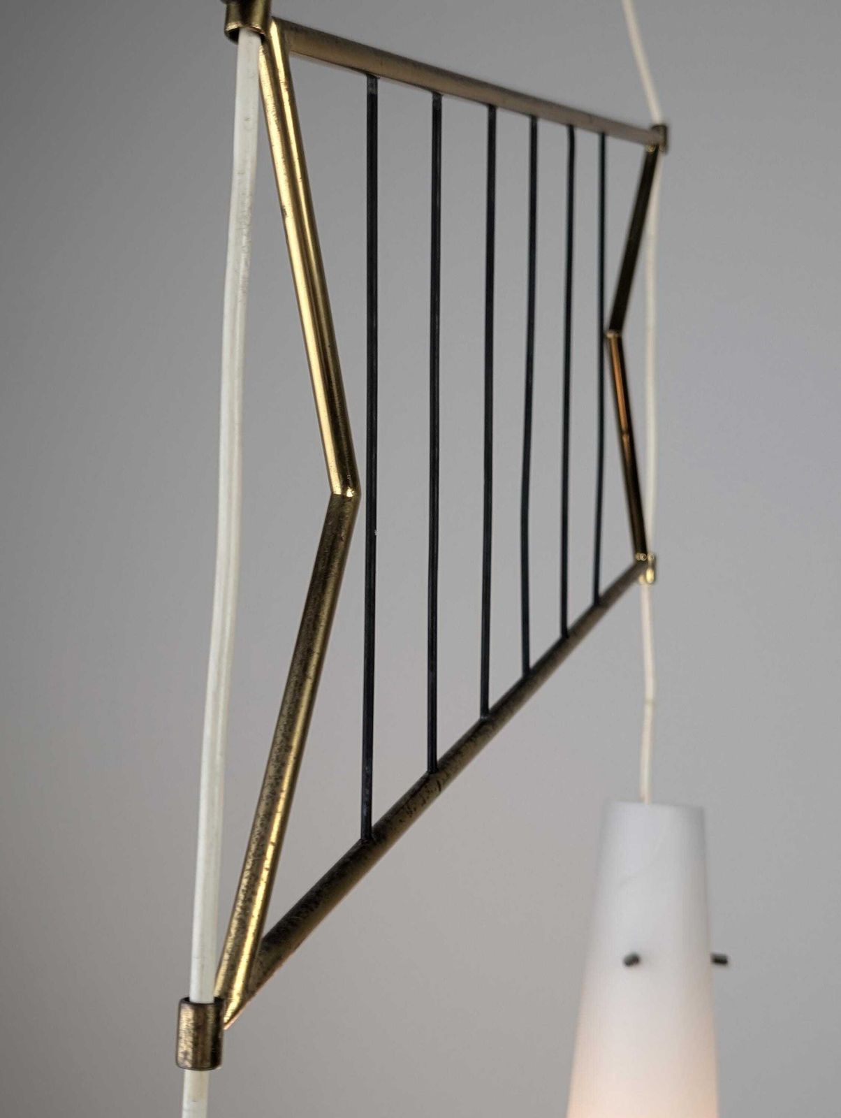 Italian Stilnovo Style Pendant Lamp With Opaline And Brass Shades, 1950s photo vinterior