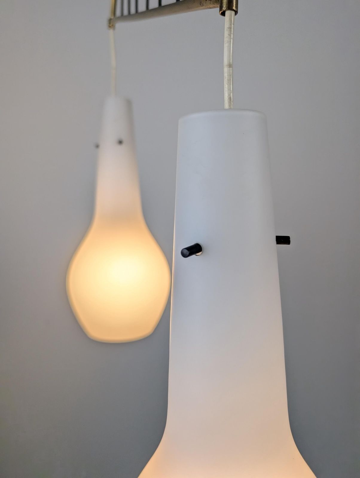 Italian Stilnovo Style Pendant Lamp With Opaline And Brass Shades, 1950s photo buy