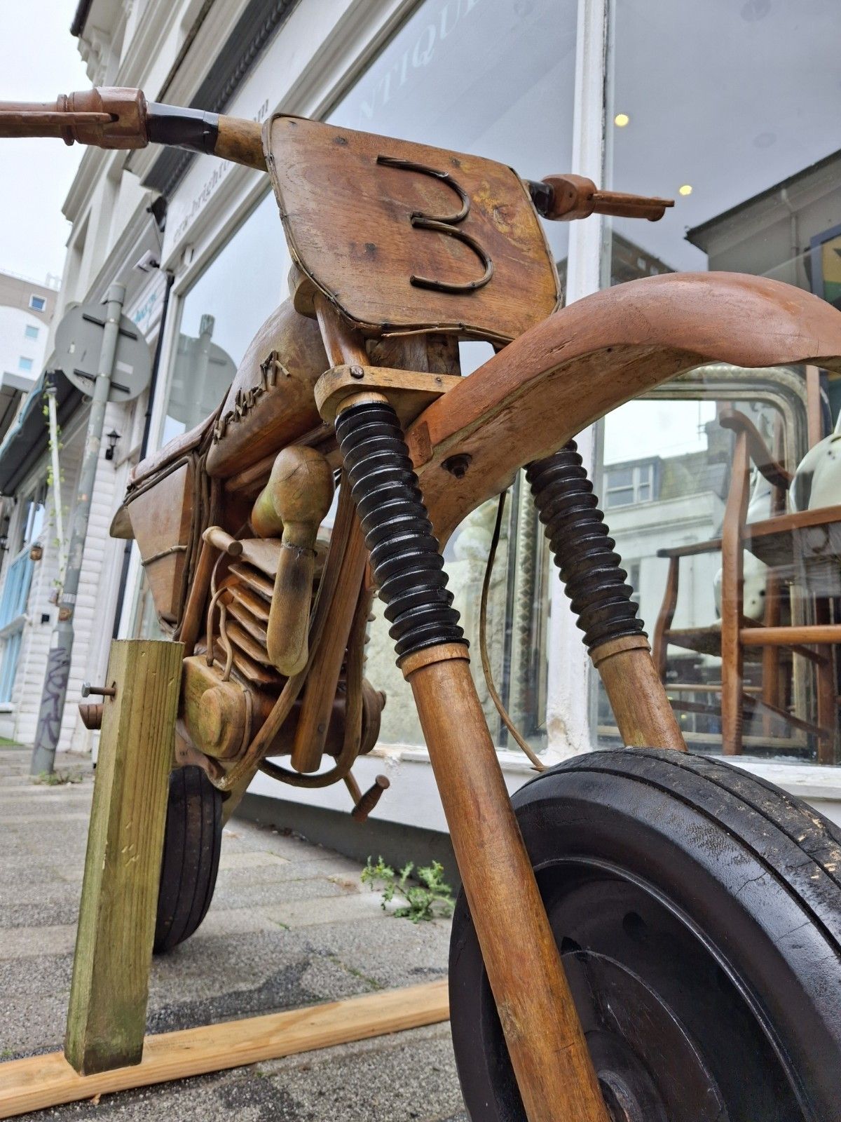 Vintage Full Size Scratch Built One Off Wooden Motocross Bike. photo vinterior