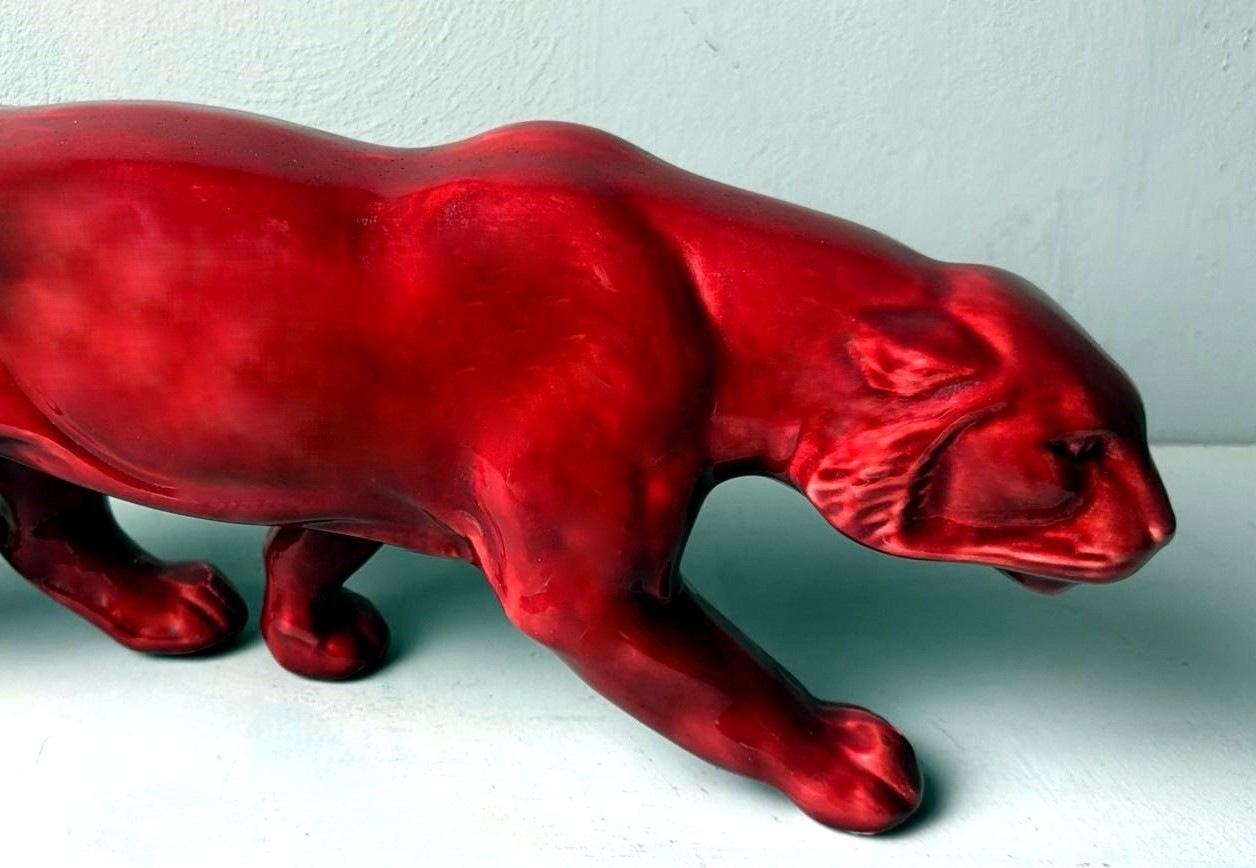 photo for sale Art Deco Saint Clément Style French Panther In Antique Glazed Red Ceramic