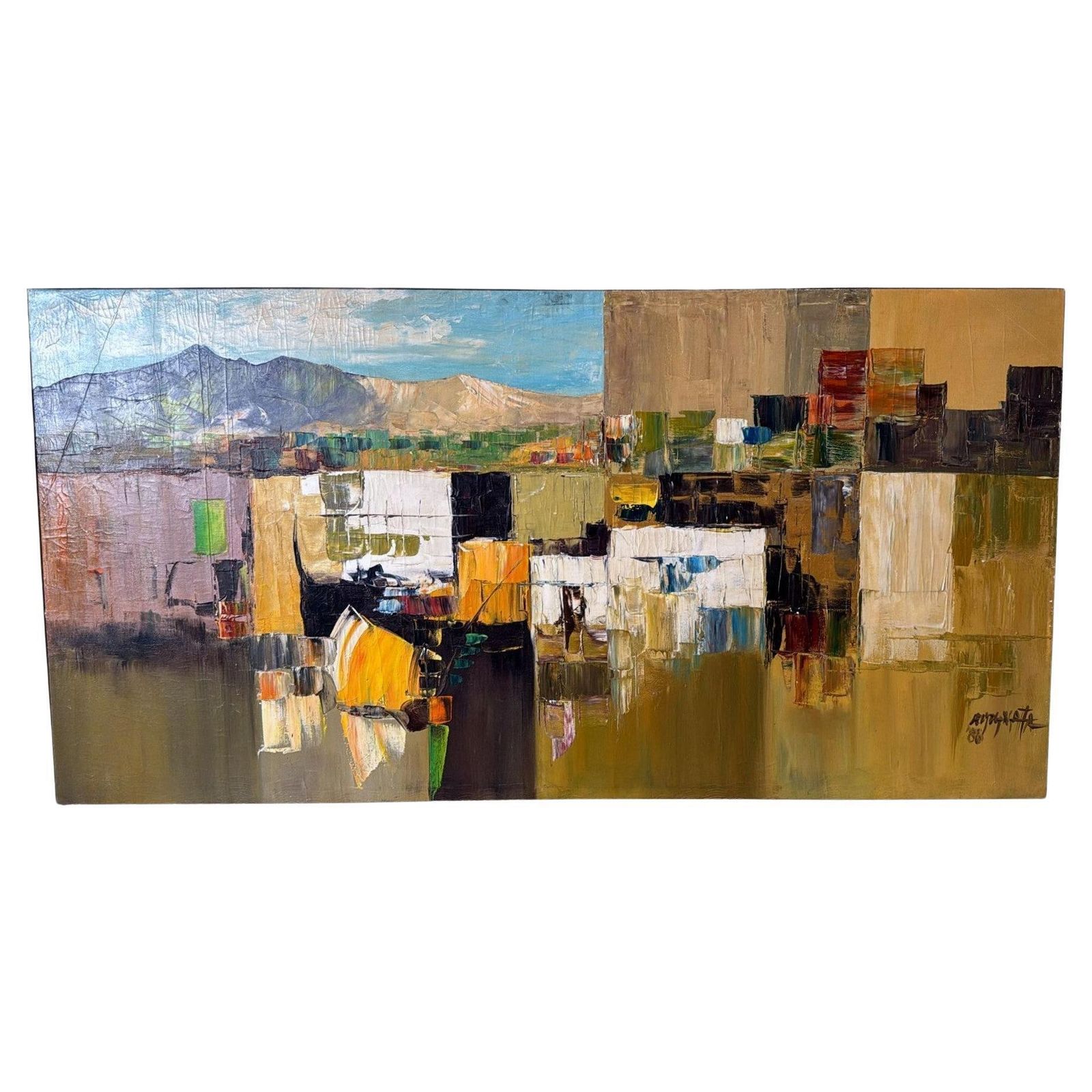 Geometric Abstraction  French Oil Painting On Canvas With Wooden Frame