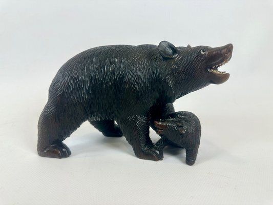 Japanes Bear With Cub Wooden Carved Ainu Figurine, 1900s
