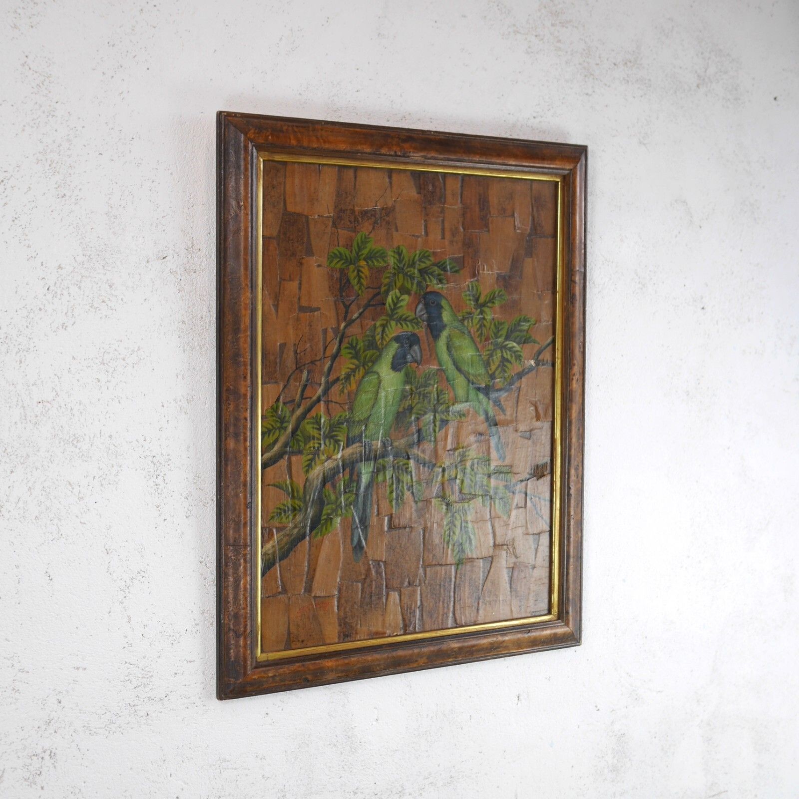 Vintage Framed Painting Of Birds Parakeets Leaf Wood Background #102851 photo for sale