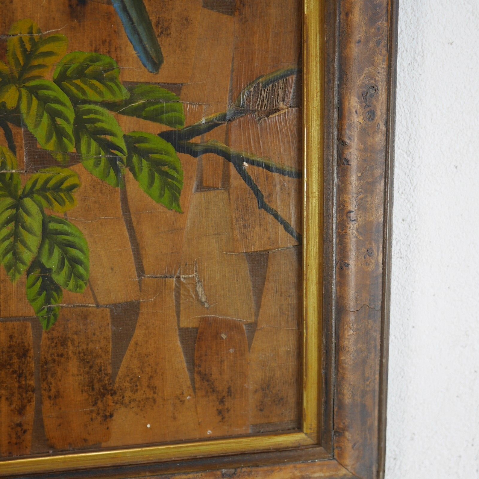 photo for sale Vintage Framed Painting Of Birds Parakeets Leaf Wood Background #102851