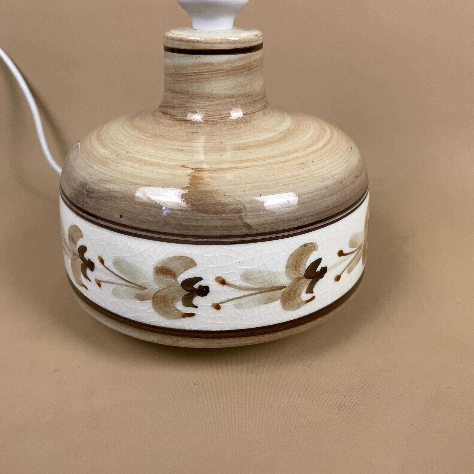 Vintage Ceramic Patterned Brown Floral Tape Lamp Bedside Table Light Round Vase Retro Cottage Jersey Pottery Antique Pattern Hand Painted photo furniture