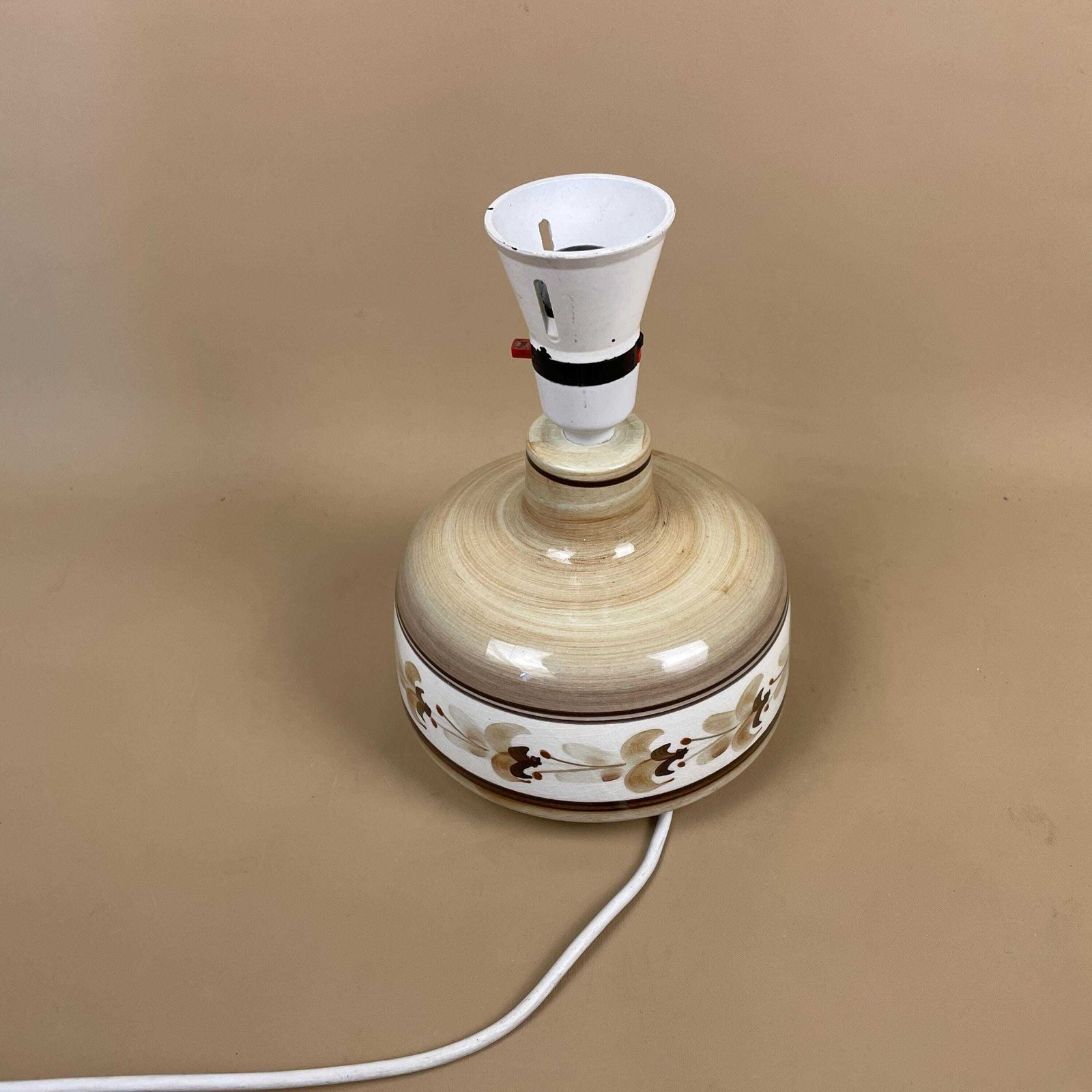 Vintage Ceramic Patterned Brown Floral Tape Lamp Bedside Table Light Round Vase Retro Cottage Jersey Pottery Antique Pattern Hand Painted photo for sale