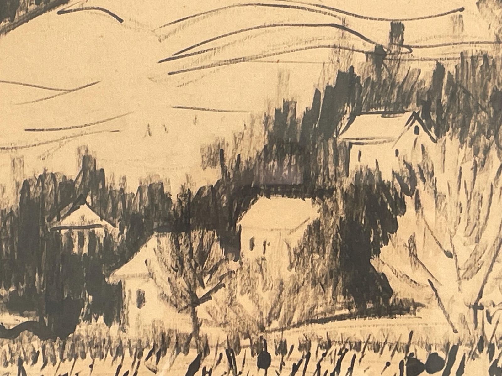 Original Vintage Mid Century 1960s Drawing In Black And White On Paper By Mustafa Brdavic With Motive Of Rural Village photo 231.0