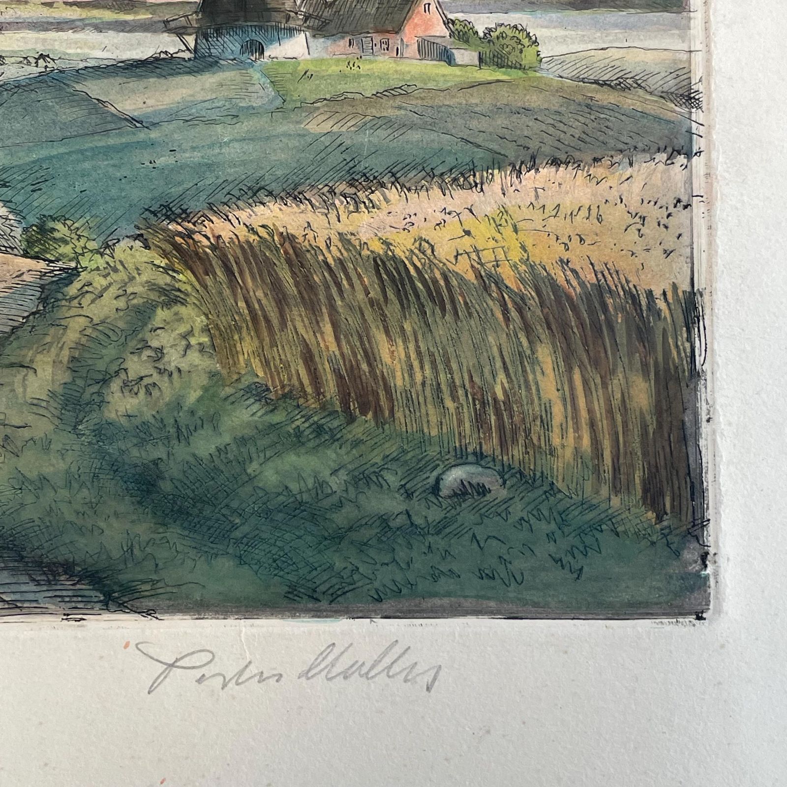 Deens Handgekleurde Ets Uit Het Begin Van De 20e Eeuw, Ca. Jaren 1930, Door Peder Møller (1890–1961) – Motief Van Boerderij En Molen photo Kunst