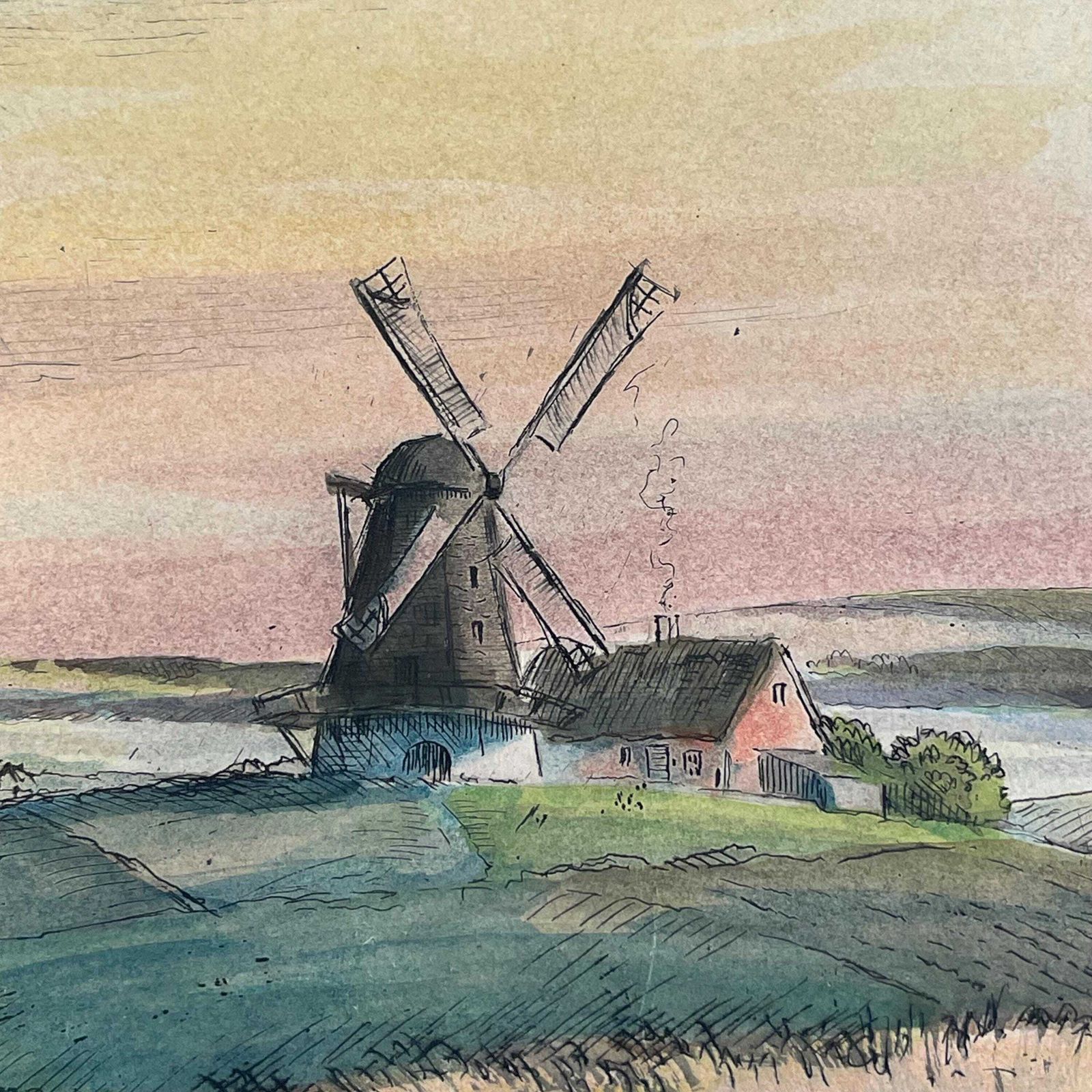 Deens Handgekleurde Ets Uit Het Begin Van De 20e Eeuw, Ca. Jaren 1930, Door Peder Møller (1890–1961) – Motief Van Boerderij En Molen photo 207.0
