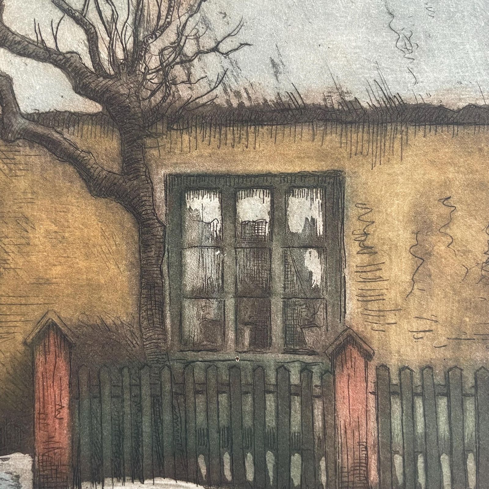 Early 20th Century Danish Handcoloured Etching From The 1930s By Peder Møller (1890 1961) With Landscape Motive Of Mill And Farm photo buy
