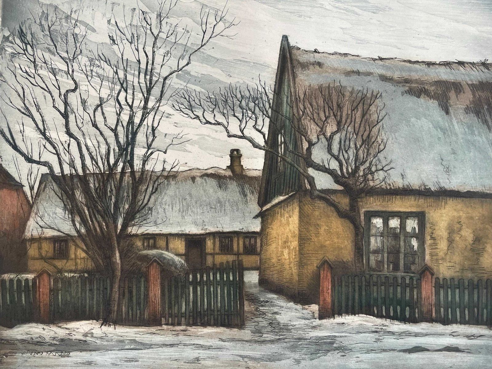 photo furniture Early 20th Century Danish Handcoloured Etching From The 1930s By Peder Møller (1890 1961) With Landscape Motive Of Mill And Farm