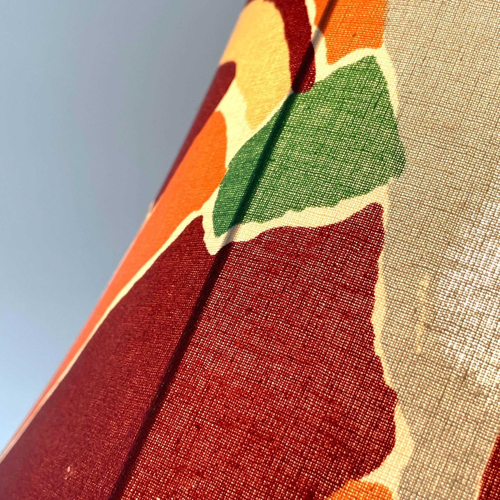 Cool Danish Vintage Mid Century Ceiling Lamp From The 1970s With Colourful Fabric Shade And White Wooden Top photo Lighting