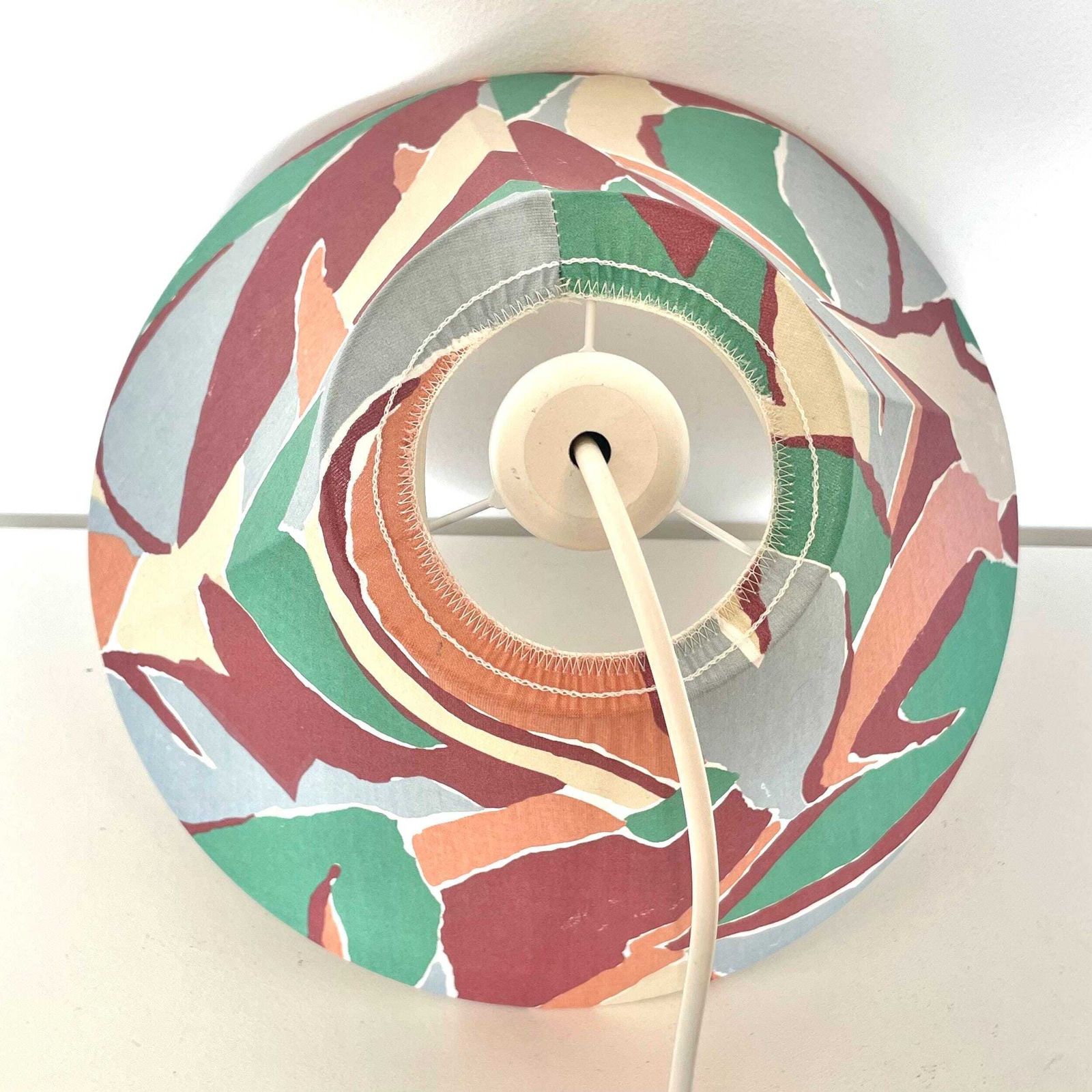 Cool Danish Vintage Mid Century Ceiling Lamp From The 1970s With Colourful Fabric Shade And White Wooden Top photo vintage
