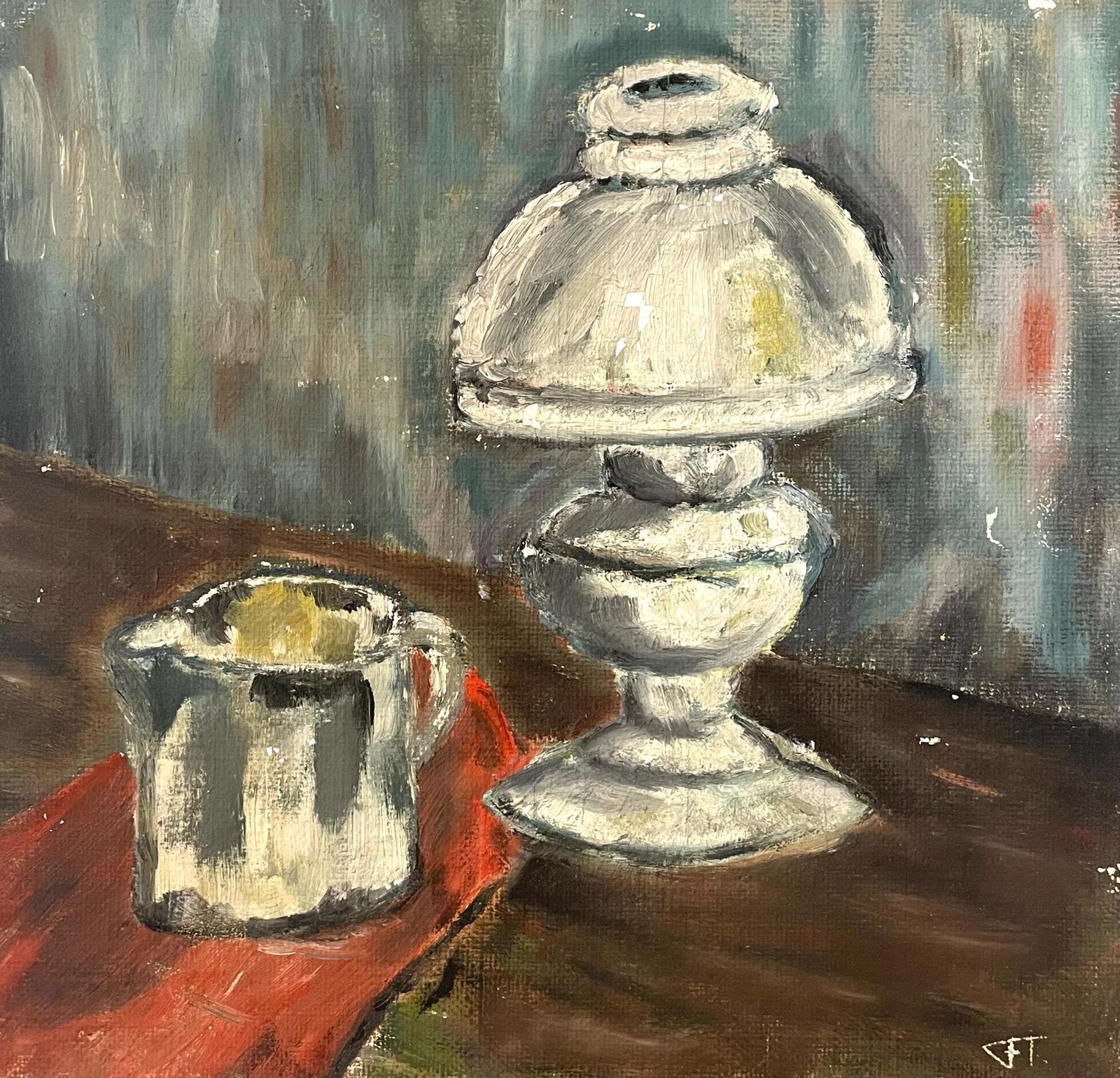 Original Vintage Danish Expressionist Signed Oil Painting From The 1960s With Still Life Motive Of Oil Lamp And Pitcher photo Art