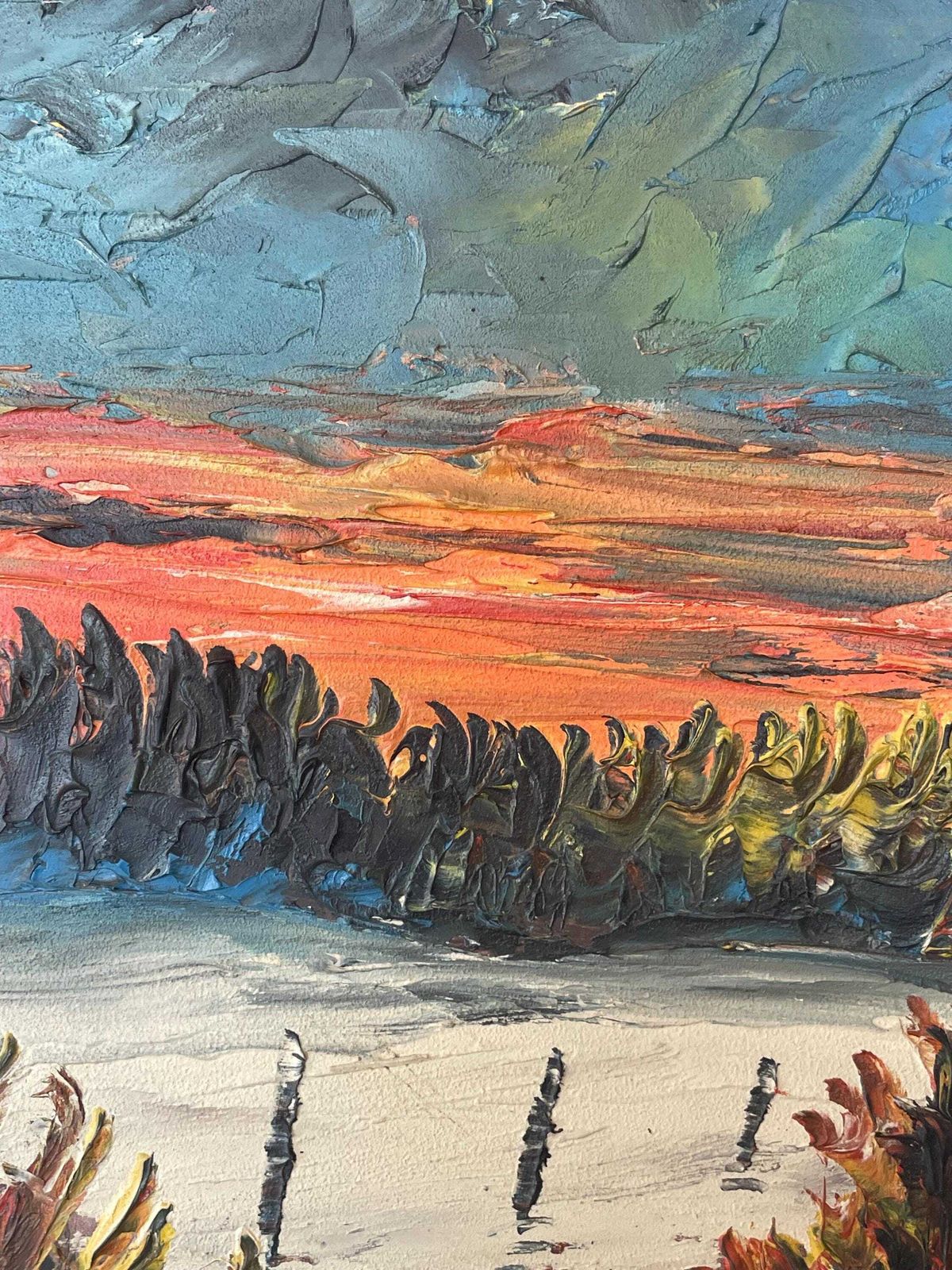 Danish Vintage Expressionist Abstract Erling Dyremose Mid Century Oil Painting In Great Colours With Motive Of Lake In Abstract Landscape photo vinterior