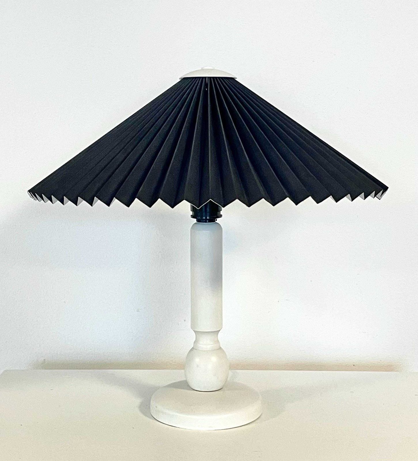 Danish Vintage Mid Century Modern Design Table Lamp With White Wooden Base And Black Pleated Fabric Shade With Cool Plastic Top photo Lighting