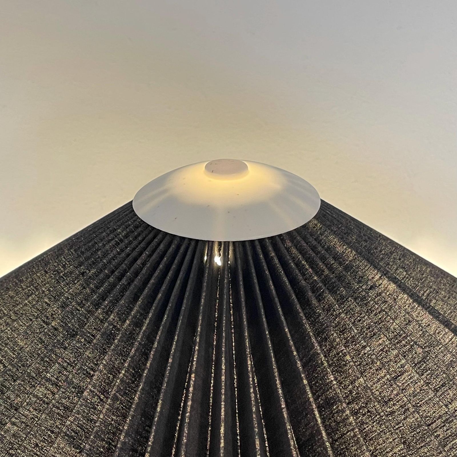 Danish Vintage Mid Century Modern Design Table Lamp With White Wooden Base And Black Pleated Fabric Shade With Cool Plastic Top photo 231.0