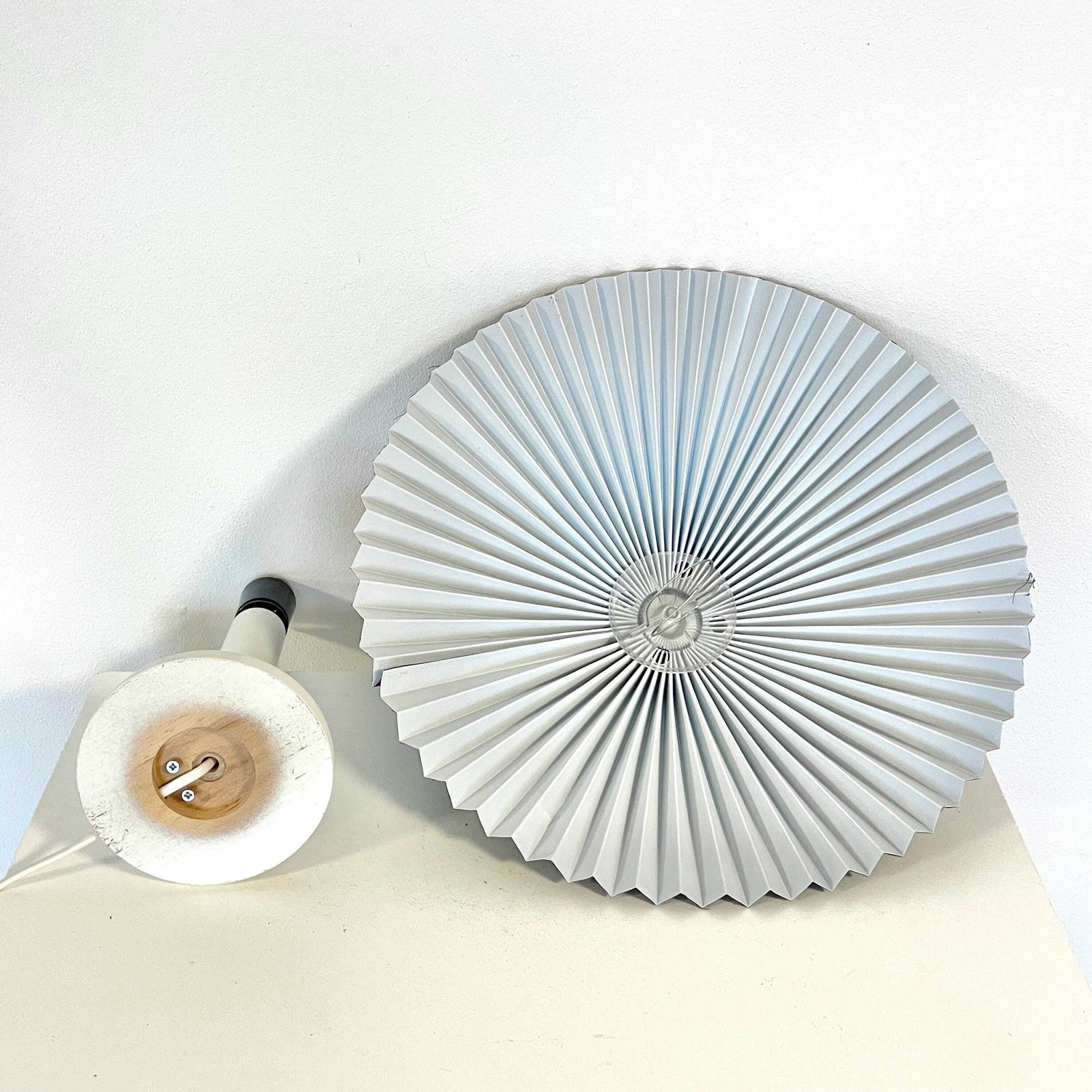 photo furniture Danish Vintage Mid Century Modern Design Table Lamp With White Wooden Base And Black Pleated Fabric Shade With Cool Plastic Top