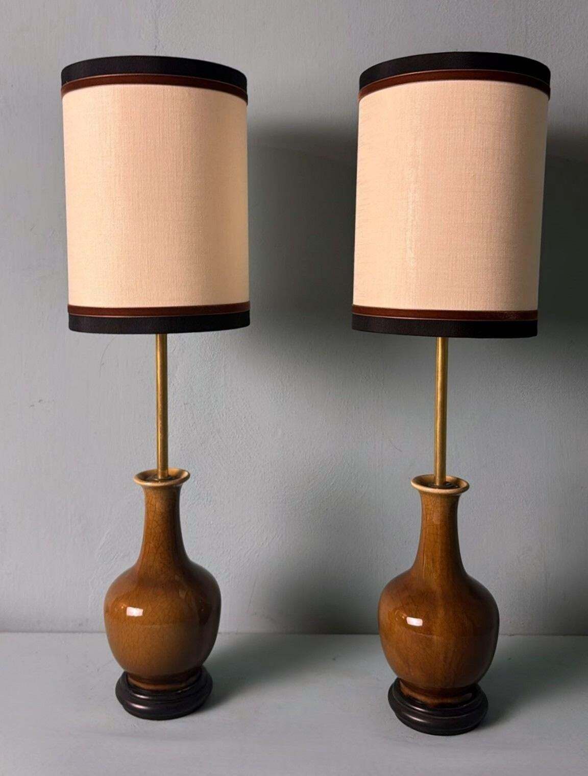 Pair Of Chinese Crackle Glazed Porcelain Lamps With Wooden Base And Lampshades photo furniture