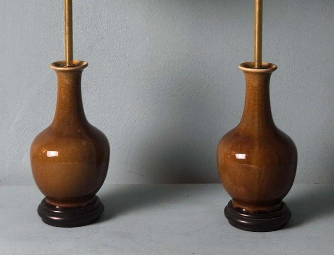 Pair Of Chinese Crackle Glazed Porcelain Lamps With Wooden Base And Lampshades photo 1110.0