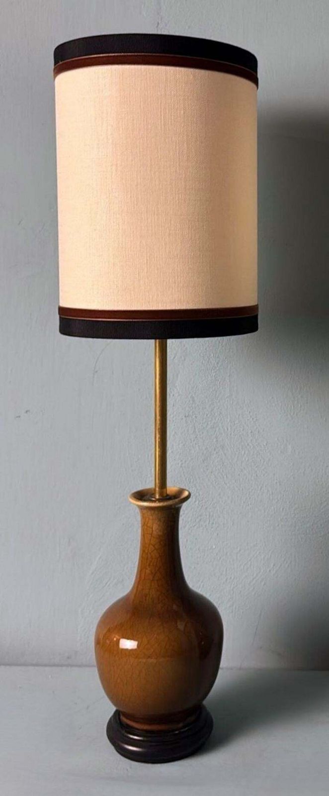 Pair Of Chinese Crackle Glazed Porcelain Lamps With Wooden Base And Lampshades photo vinterior