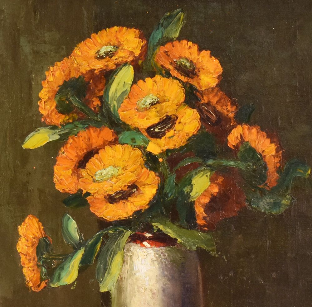 Flowers Painting, Orange Daisies Flowers, Oil On Canvas, Early 20th Century, Primo Dolzan. (Qf24) photo furniture