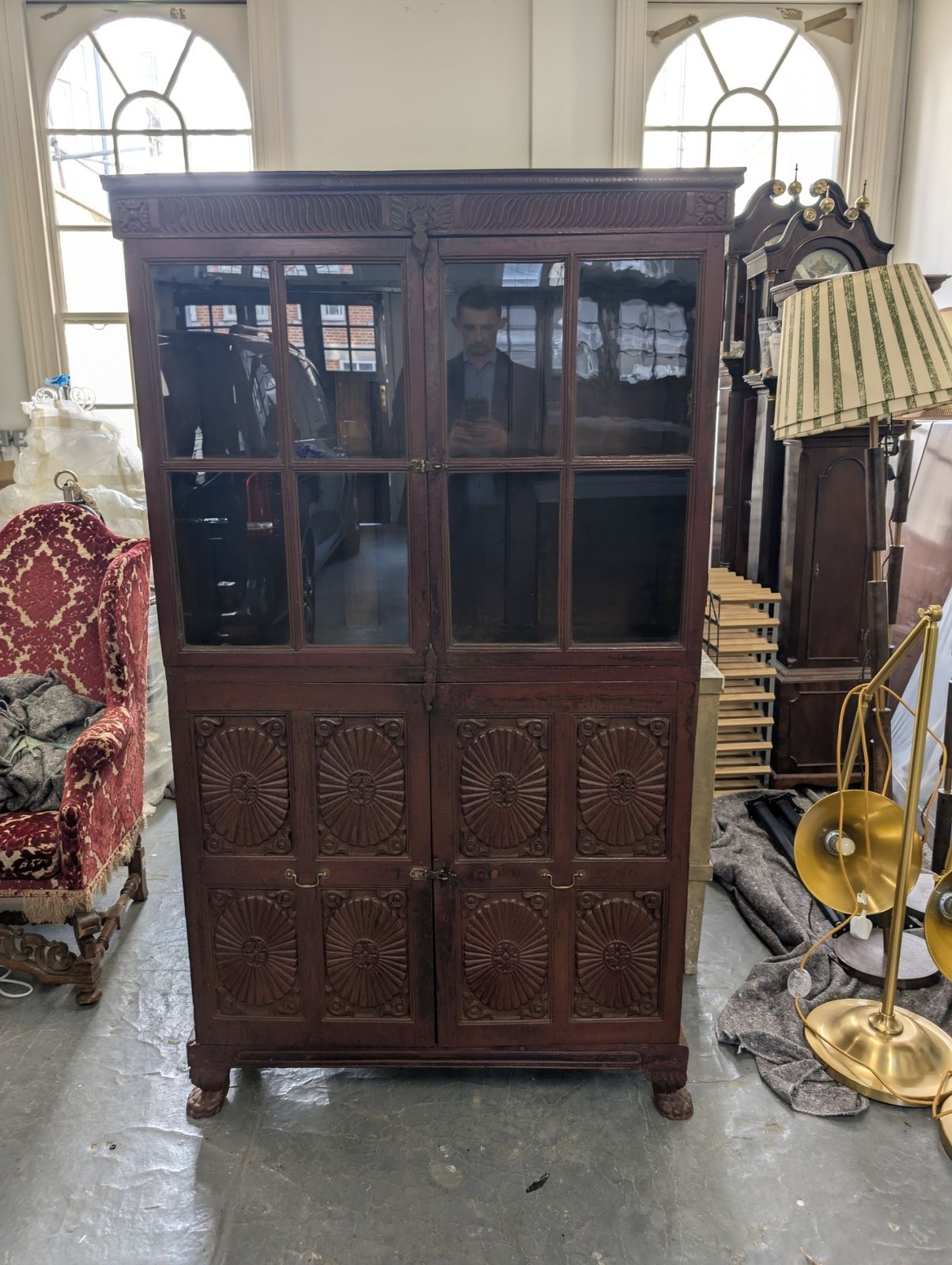Furniture For Sale From North India Glazed Teak Almirah Cabinet With Sunburst Panels 19th Century