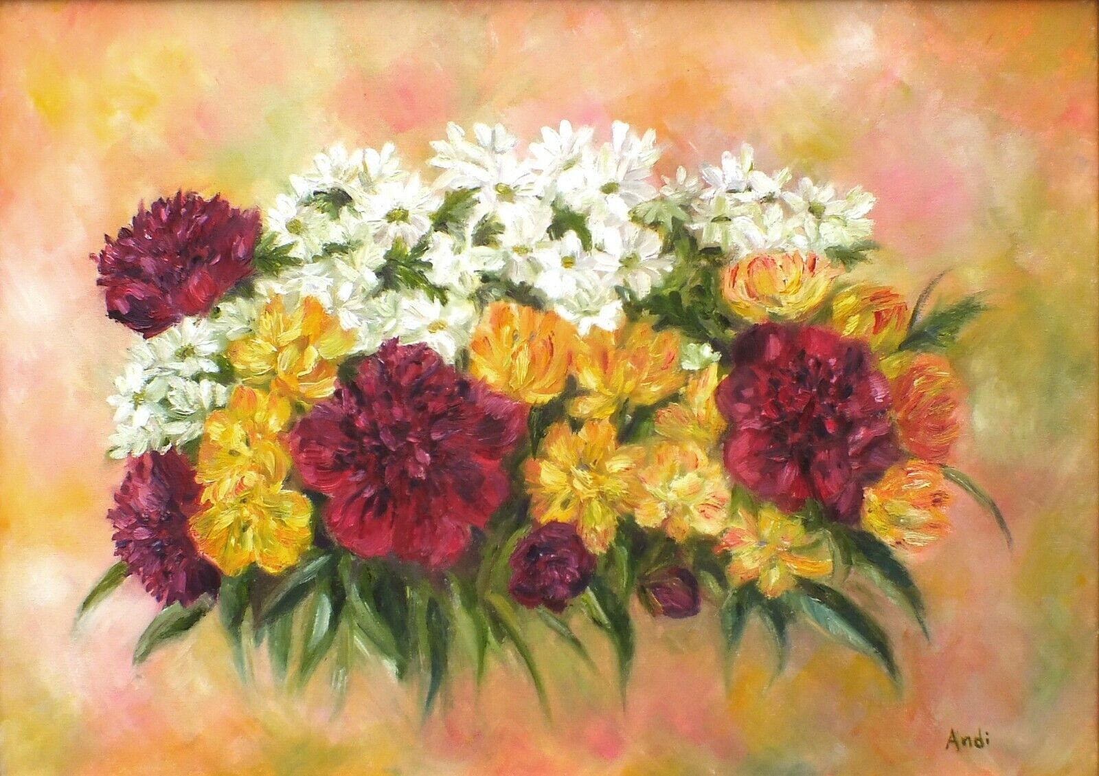Peonies Tulips Floral Flowers Oil Painting Signed Framed Original Andi J Lucas photo furniture