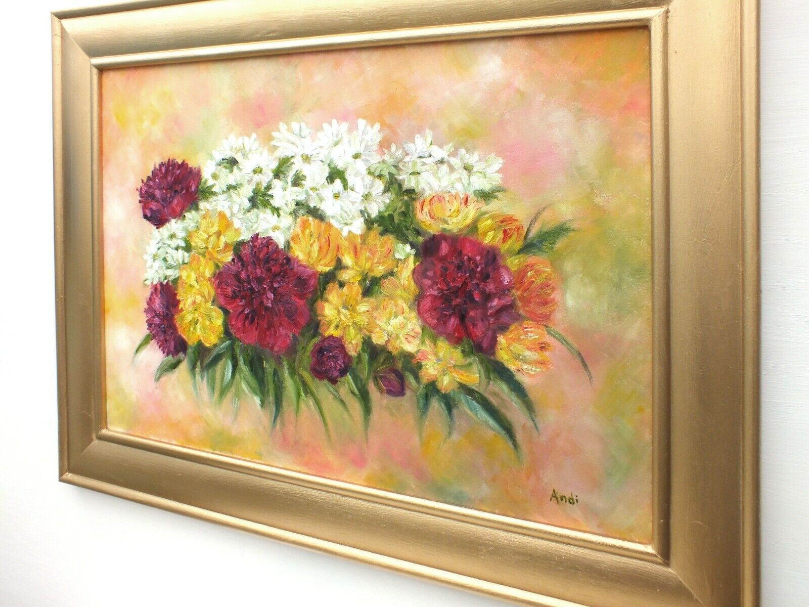 Peonies Tulips Floral Flowers Oil Painting Signed Framed Original Andi J Lucas photo vintage