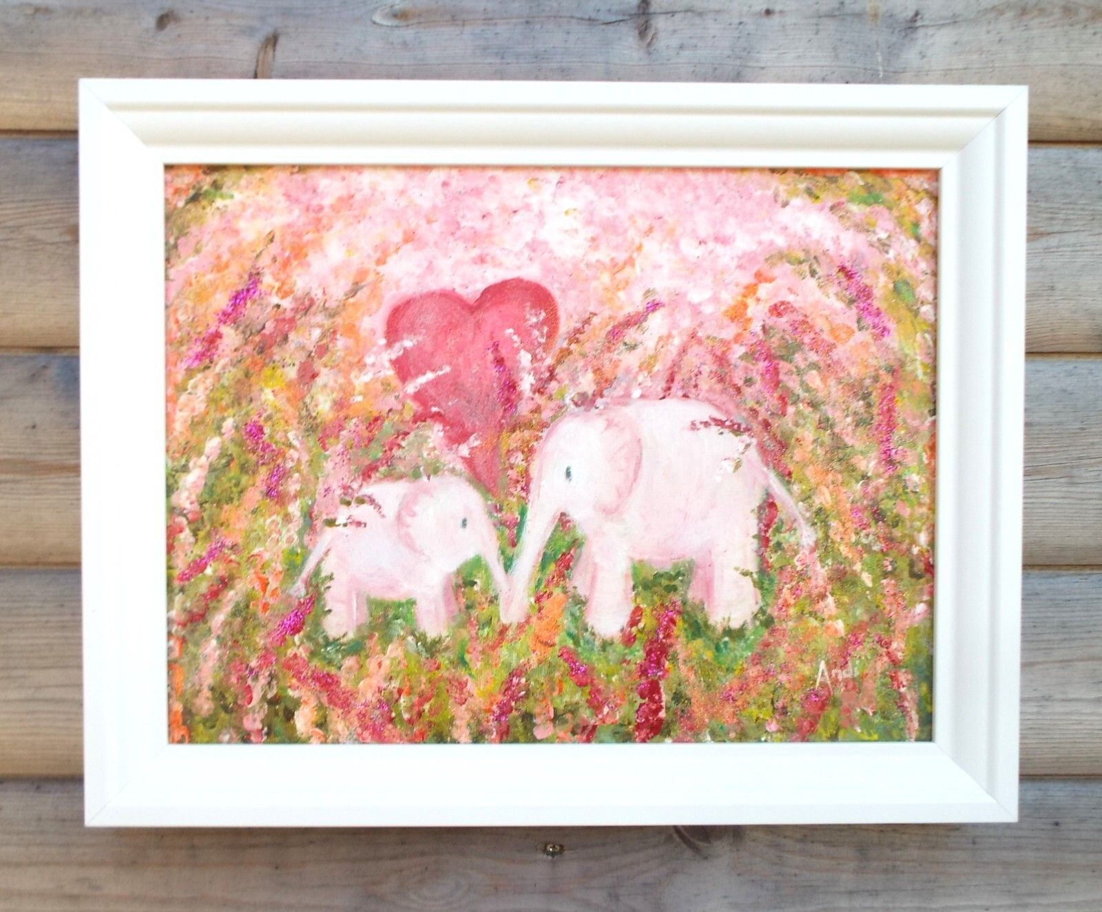 Cute Mother & Baby Elephants Whimsical Art Original Framed Painting Andi J Lucas