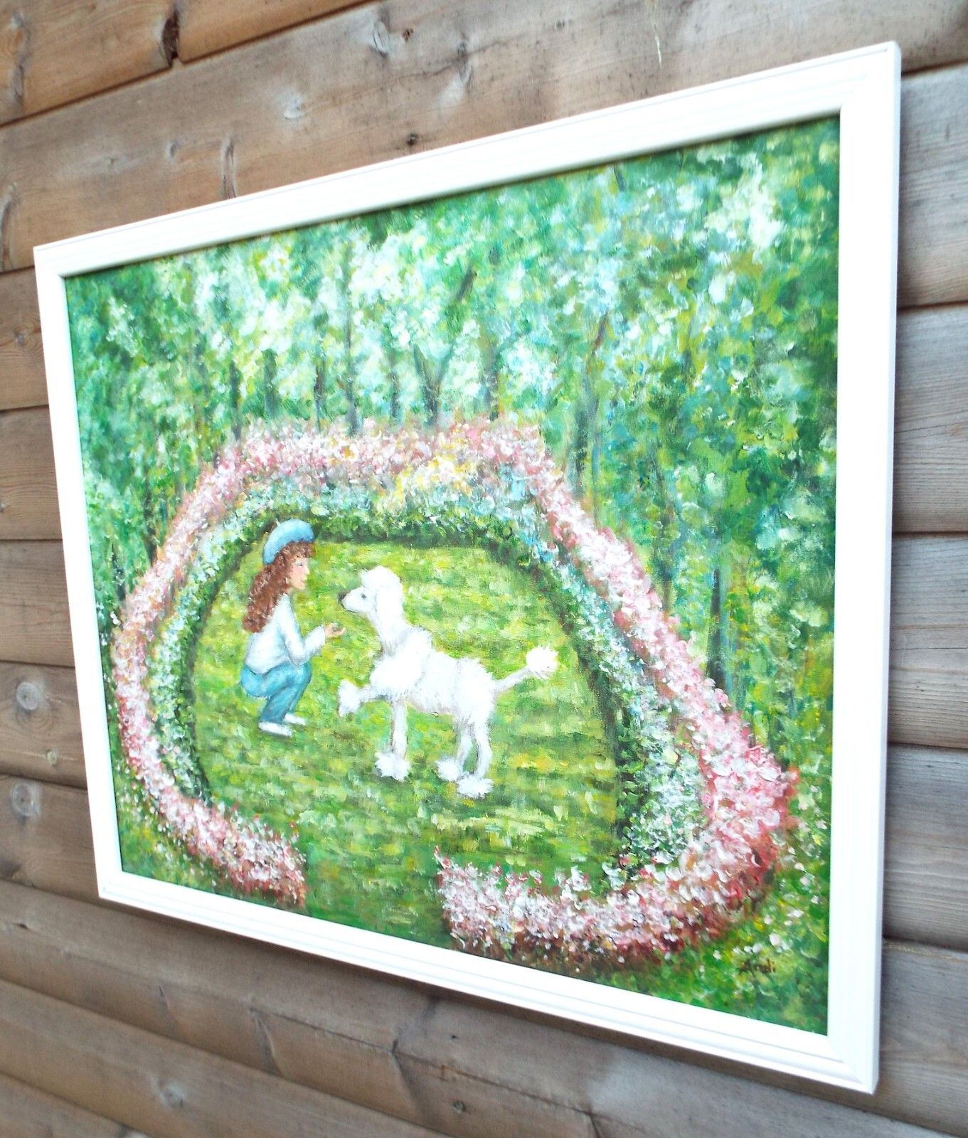 Girl & French Poodle Parisian Park Garden Original Framed Painting Andi Lucas photo for sale