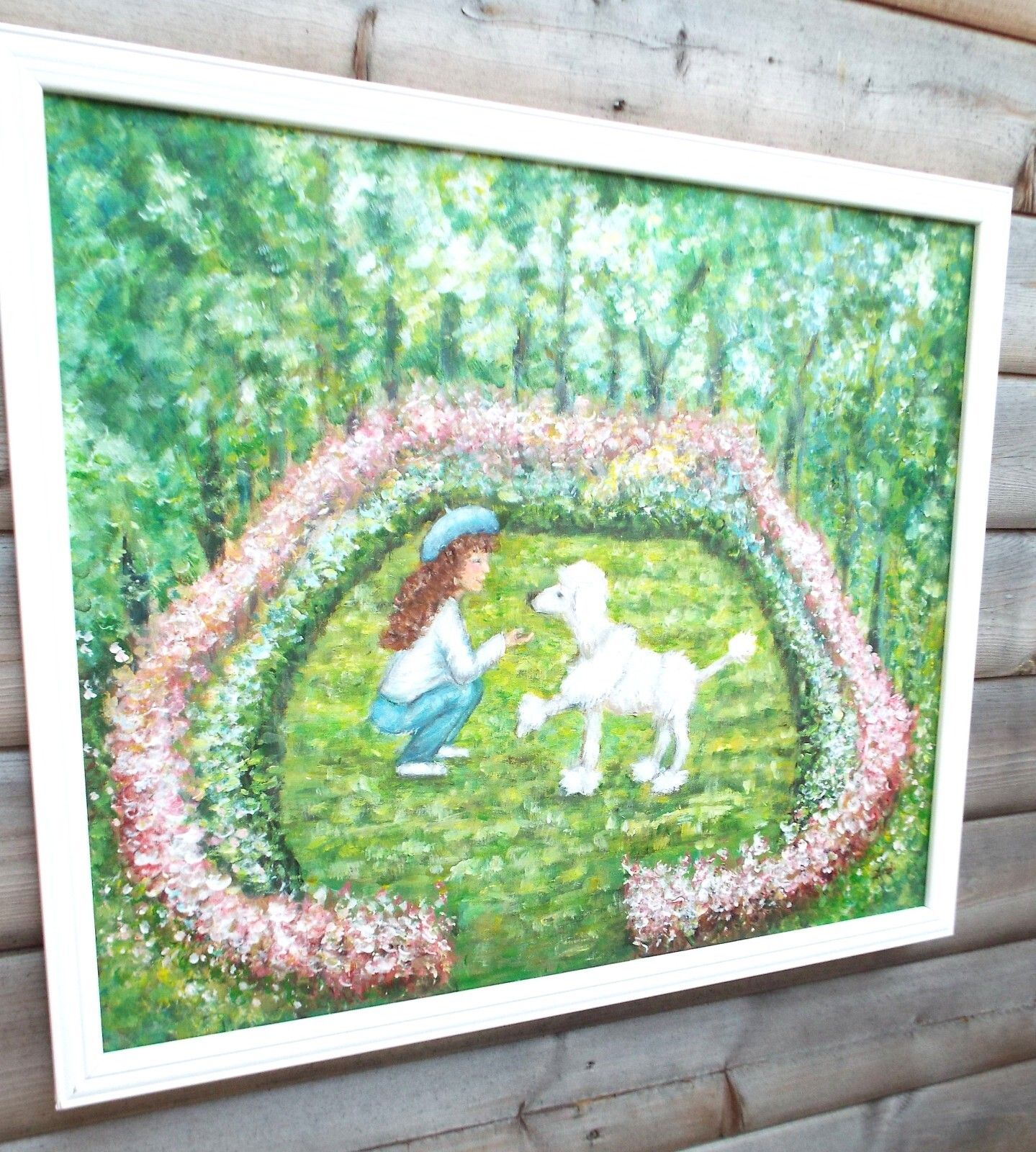 Girl & French Poodle Parisian Park Garden Original Framed Painting Andi Lucas photo Art