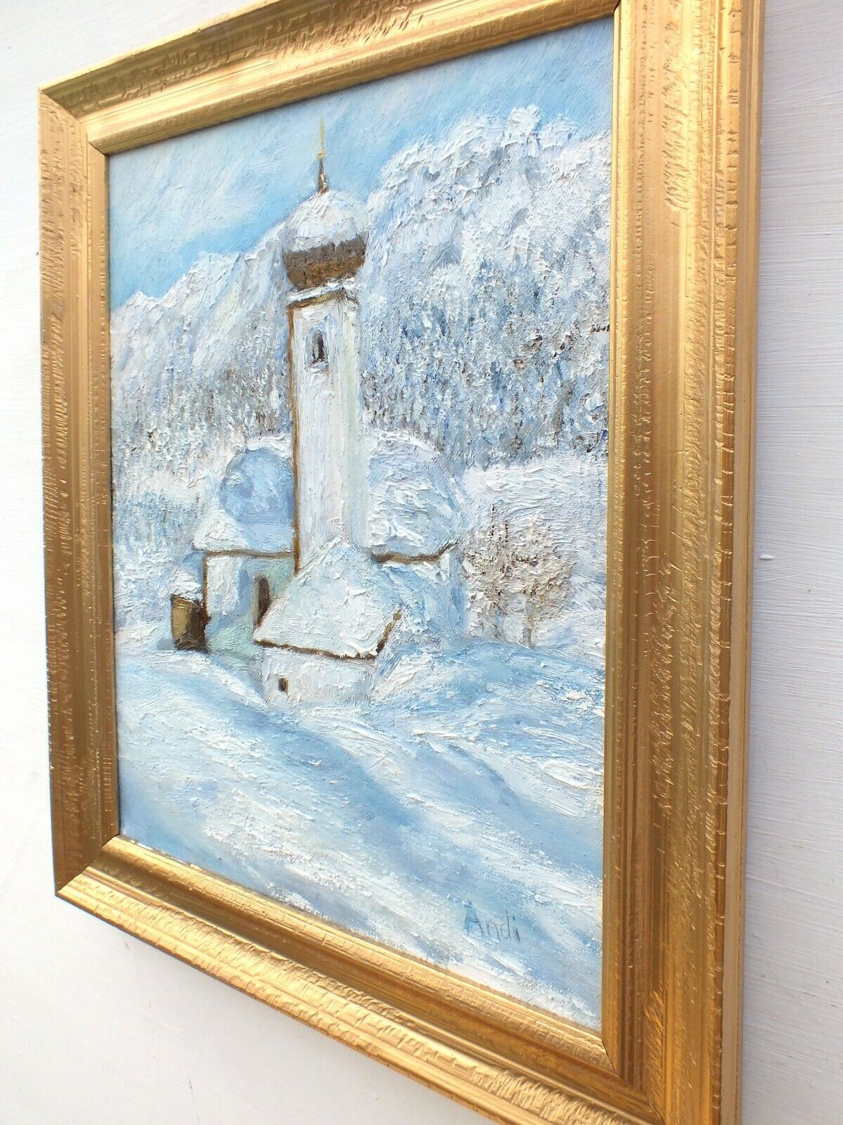 Austrian Church Winter Landscape Alpine Mountains Oil Painting Framed Andi Lucas photo vinterior