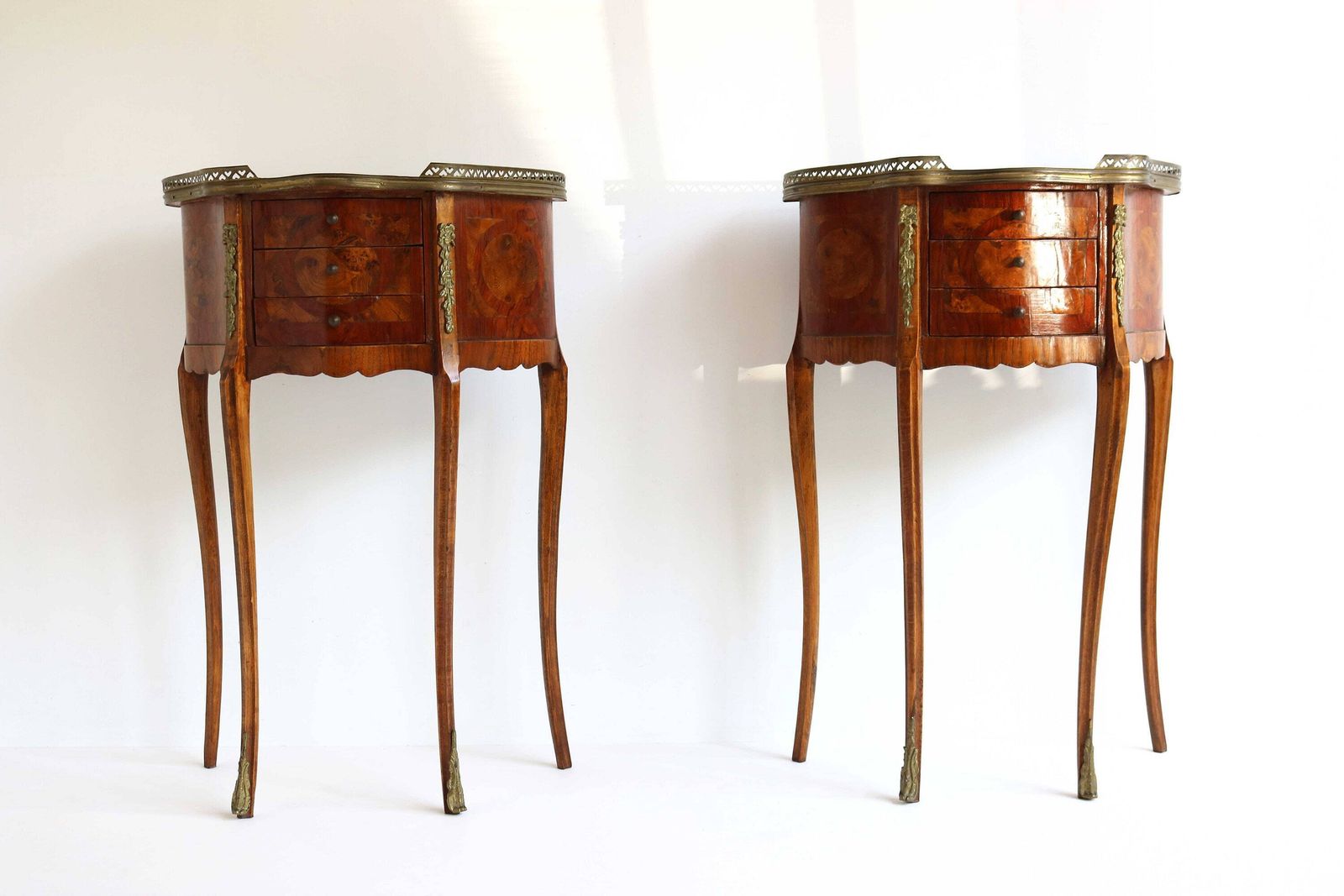 Vintage Pair Of French Bedside Tables Couple Ormolu Mounted Louis XV Style Marquetry Inlaid Nightstands End Tables Side Tables Drawers 1960s photo for sale