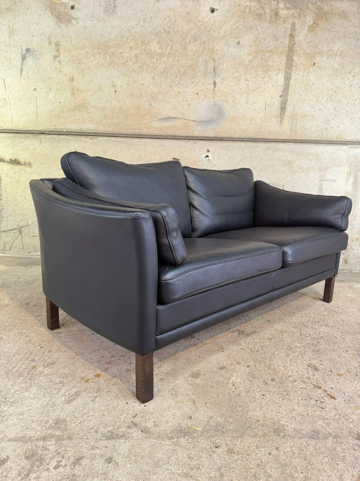 Vintage Danish Mogens Hansen Two Seater Black Leather Sofa #A553 photo vinterior