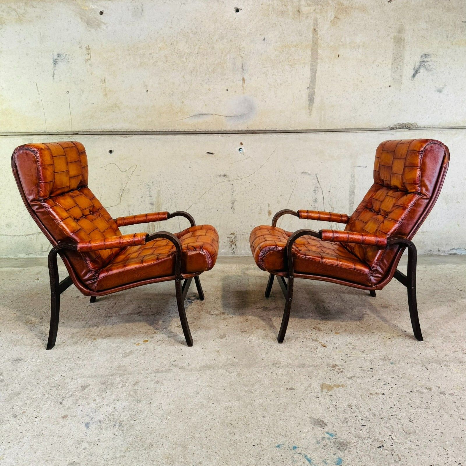 Pair Of 1970s Danish Vintage Patchwork Tan Leather Bentwood Chairs #A560 photo Furniture