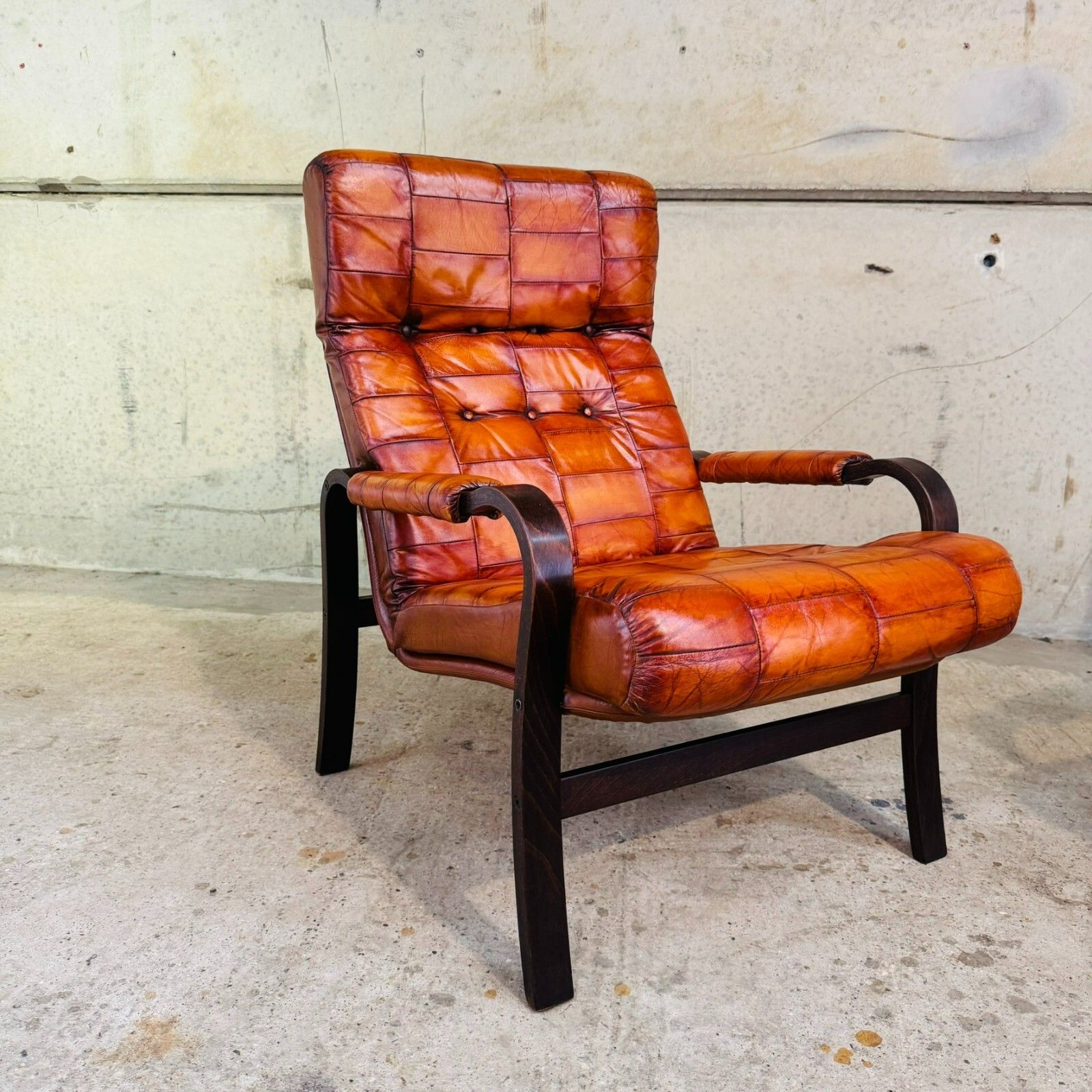 Pair Of 1970s Danish Vintage Patchwork Tan Leather Bentwood Chairs #A560 photo buy