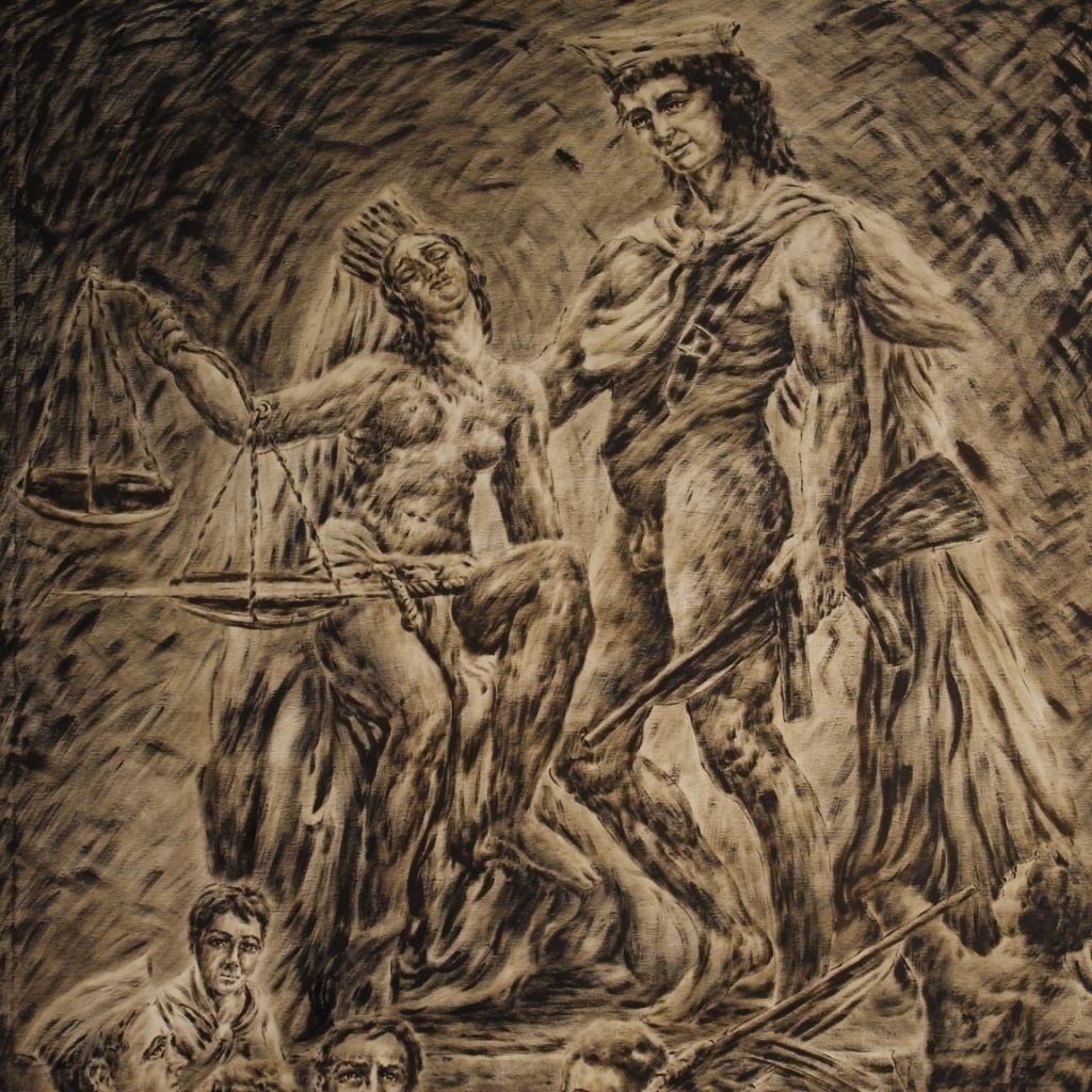 photo furniture Painting Signed Vittorini C. Allegory Of The Judgment Of Soldiers In War