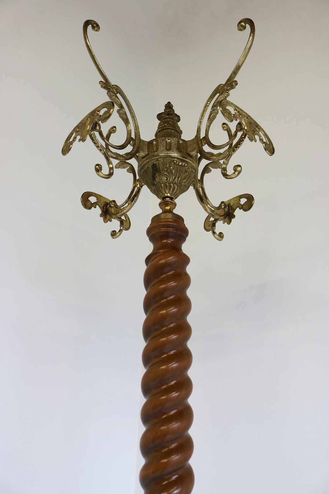 Twisted Wood & Ornate Brass Italian Coat Hat Rack Hall Tree Floor Stand Hollywood Regency Vintage Women's Faces Bedroom Furniture 50s photo 1101.0