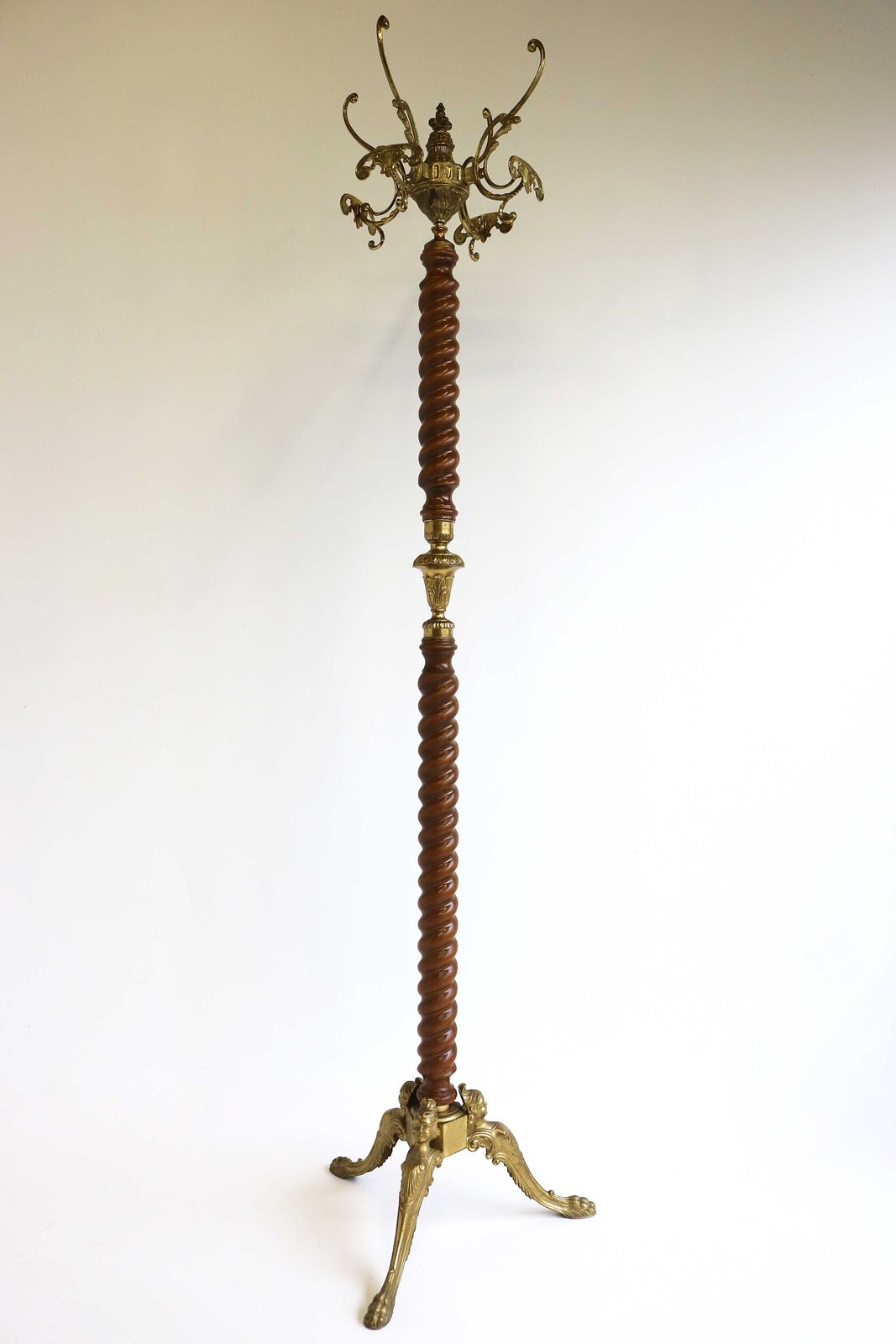 Twisted Wood & Ornate Brass Italian Coat Hat Rack Hall Tree Floor Stand Hollywood Regency Vintage Women's Faces Bedroom Furniture 50s photo vinterior