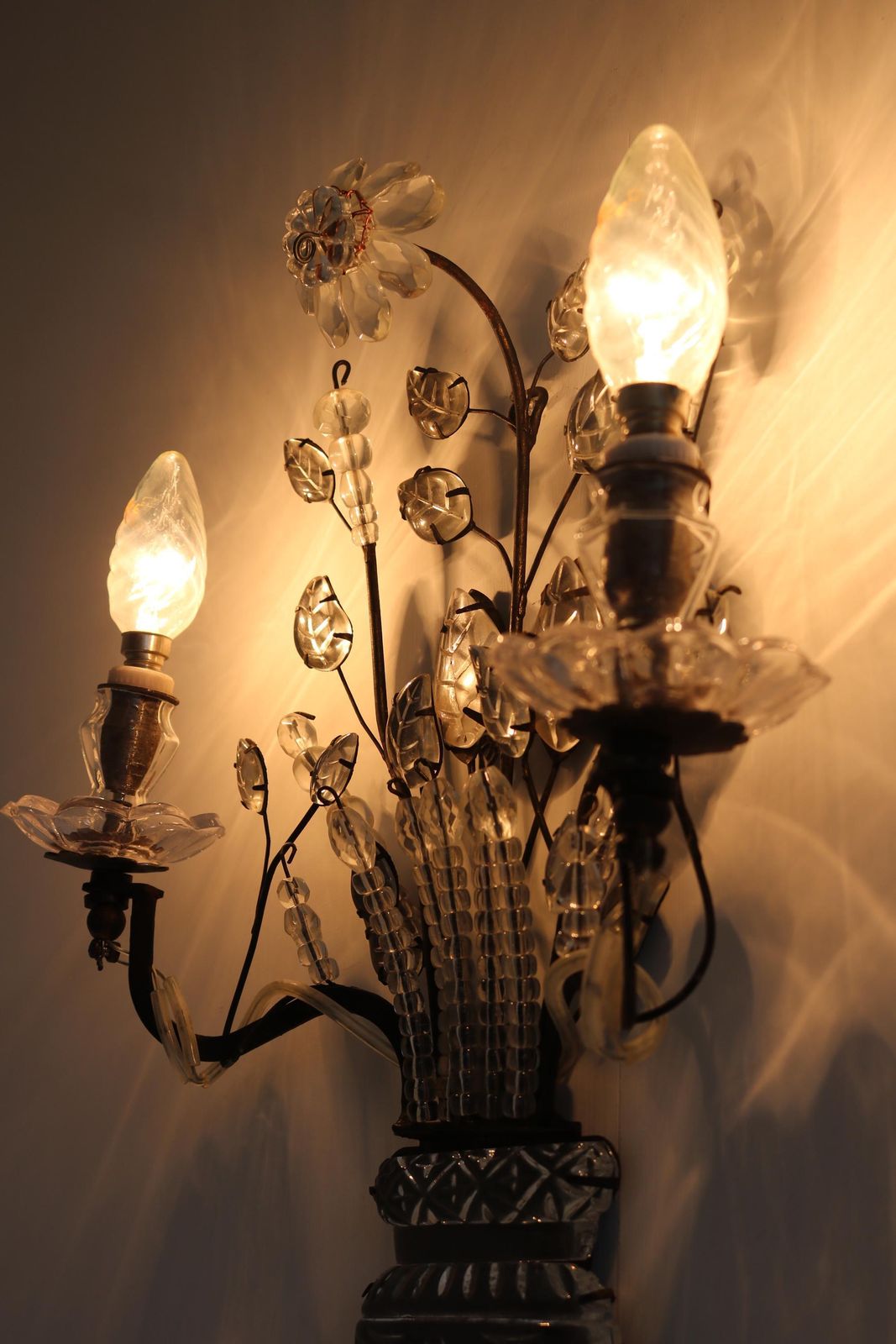 Pair Of Vintage Maison Baguès Paris Wall Sconces French Couple Grystal And Iron Wall Lights Flowers And Leaves Early 20th Century photo Lighting