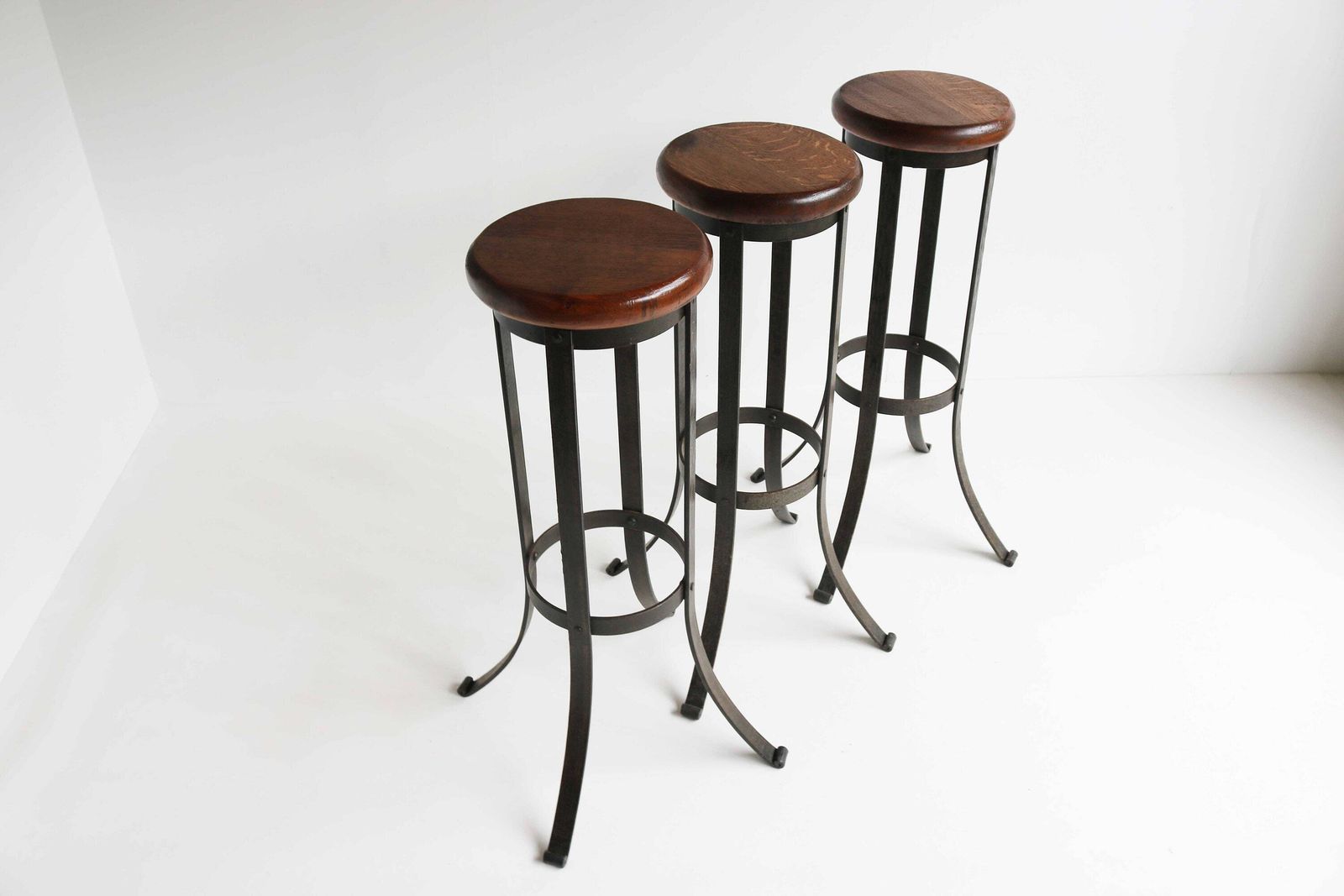 Vintage Brutalist Bar Stools Set Of 3 Three Mid Century Oak Wrought Iron Man Cave Industrial Home Bar Furniture Rustic Height Stools 60s photo for sale