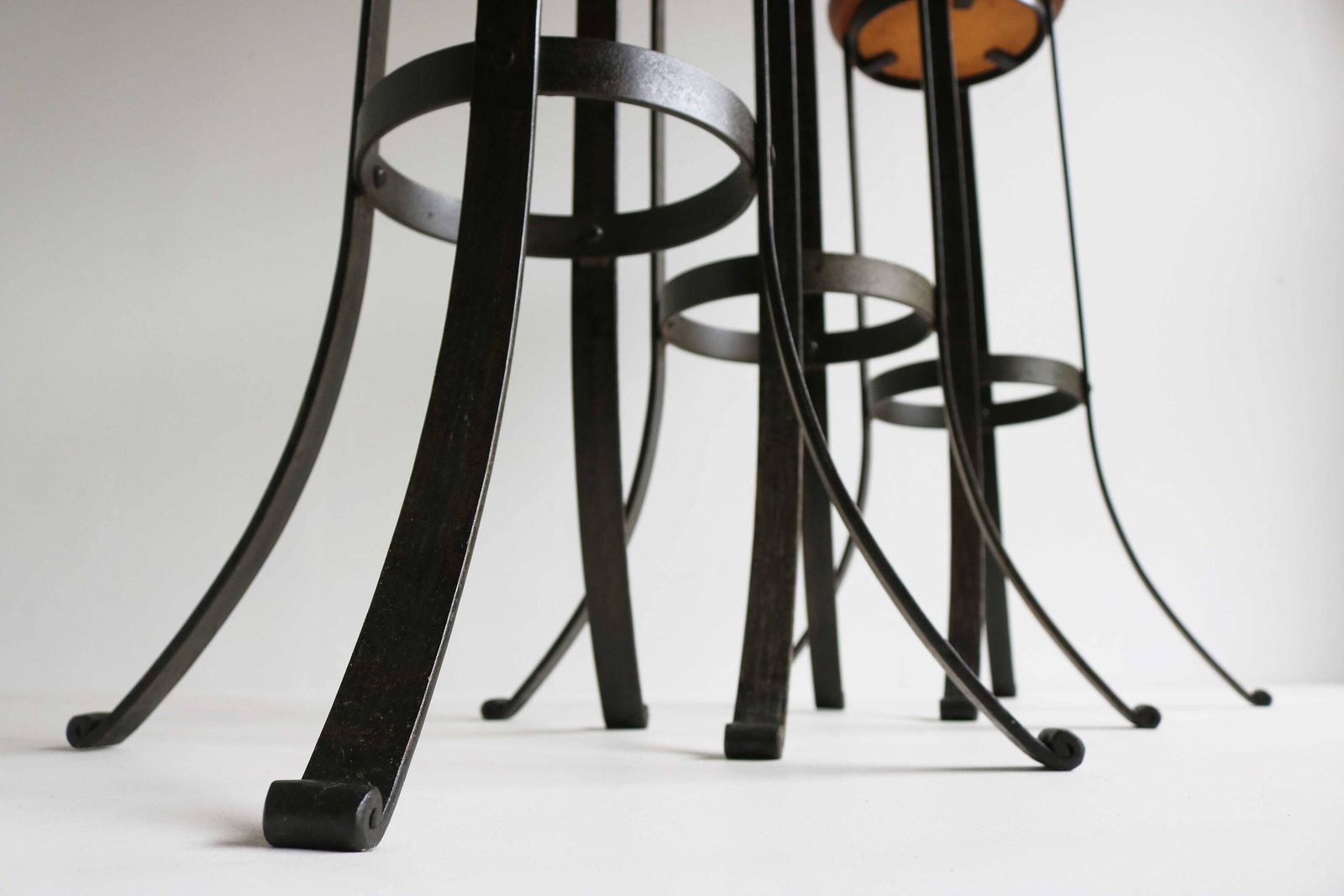 Vintage Brutalist Bar Stools Set Of 3 Three Mid Century Oak Wrought Iron Man Cave Industrial Home Bar Furniture Rustic Height Stools 60s photo buy