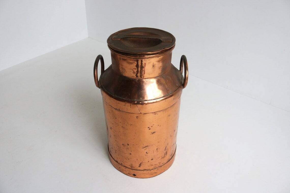 Authentic Antique Copper Plated Milk Jar Handles Umbrella Stand Holder 1880  1900s Country Style Can Farm Late 19th Century Milk Container photo furniture