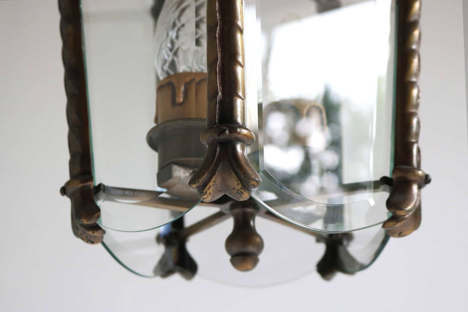 Antique Art Nouveau Bronze Lantern With Beveled Glass Panels Handcrafted Vintage French Entryway Hall Ceiling Light Pendant Brass Ca. 1900 photo Lighting