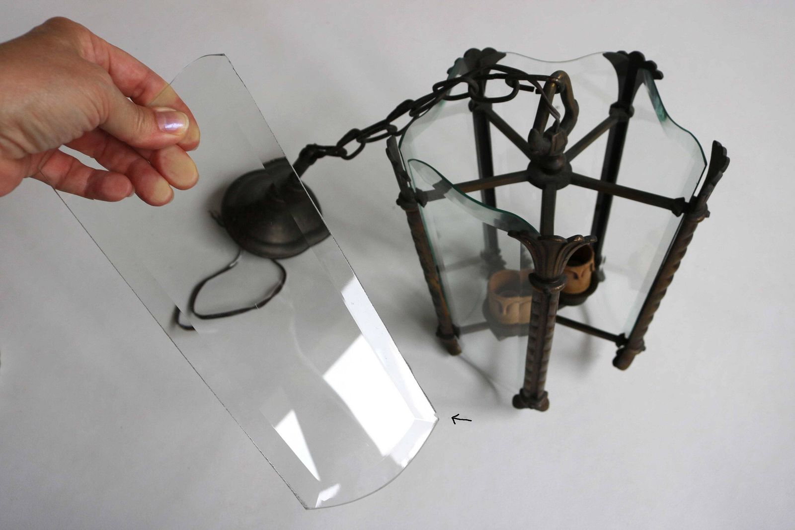 photo for sale Antique Art Nouveau Bronze Lantern With Beveled Glass Panels Handcrafted Vintage French Entryway Hall Ceiling Light Pendant Brass Ca. 1900