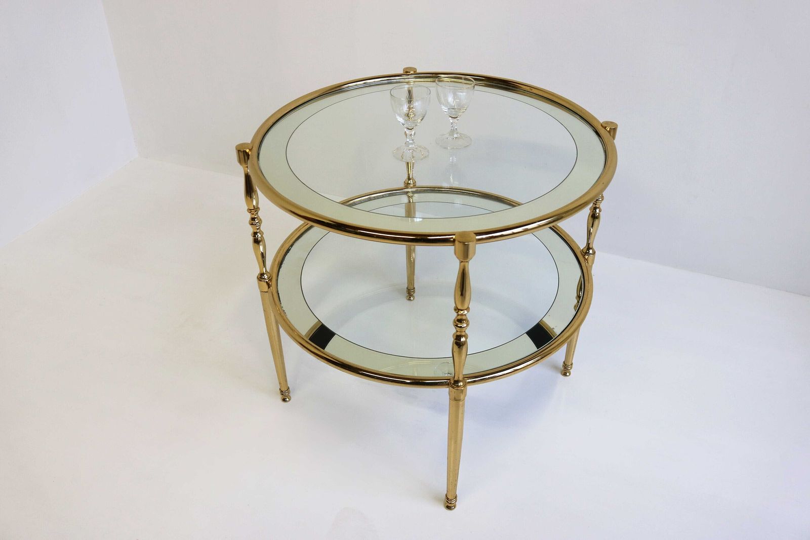 Round Brass Side Table With Glass Shelves Surrounded By A Silvered Mirror French. Circa 1970 Hollywood Regency Golden Coffee Table End Table