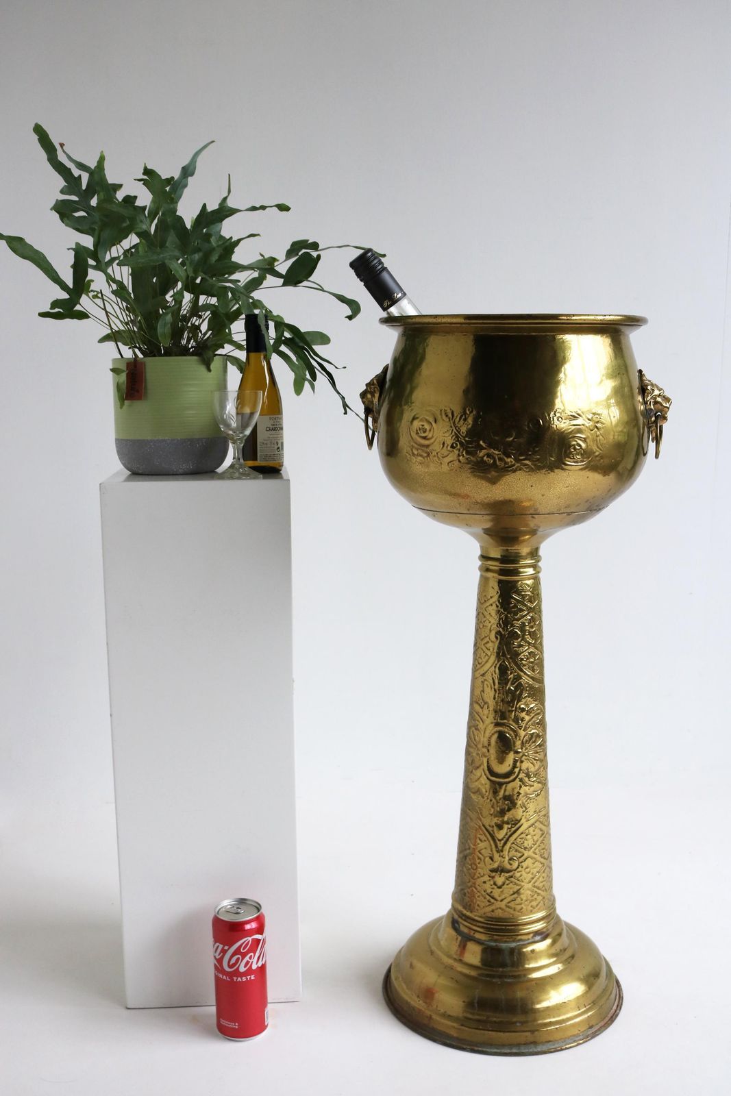 photo for sale Antique Copper Jardiniere On Stand Floral And Lion Head Decor Standing Brass Flowerpot Plant Stand Ice Bucket Wine Cooler On Stand 1900s